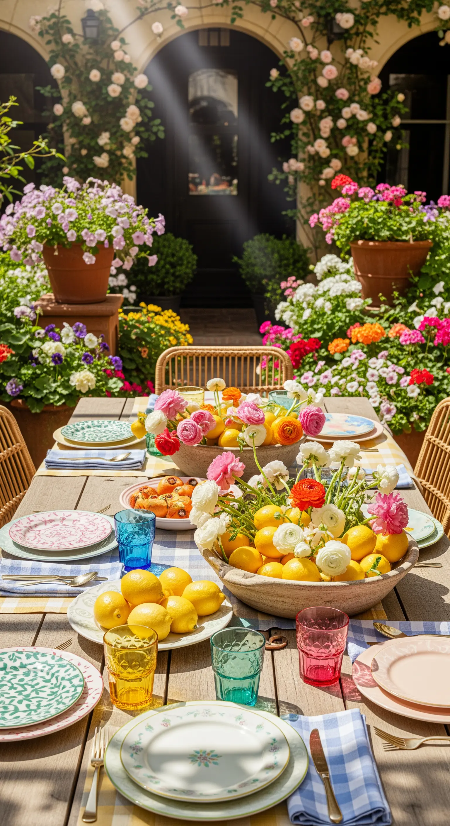 Gartentisch mit bunter Ranunkel-Zitronen-Deko, karierter Tischdecke und bunten Gläsern