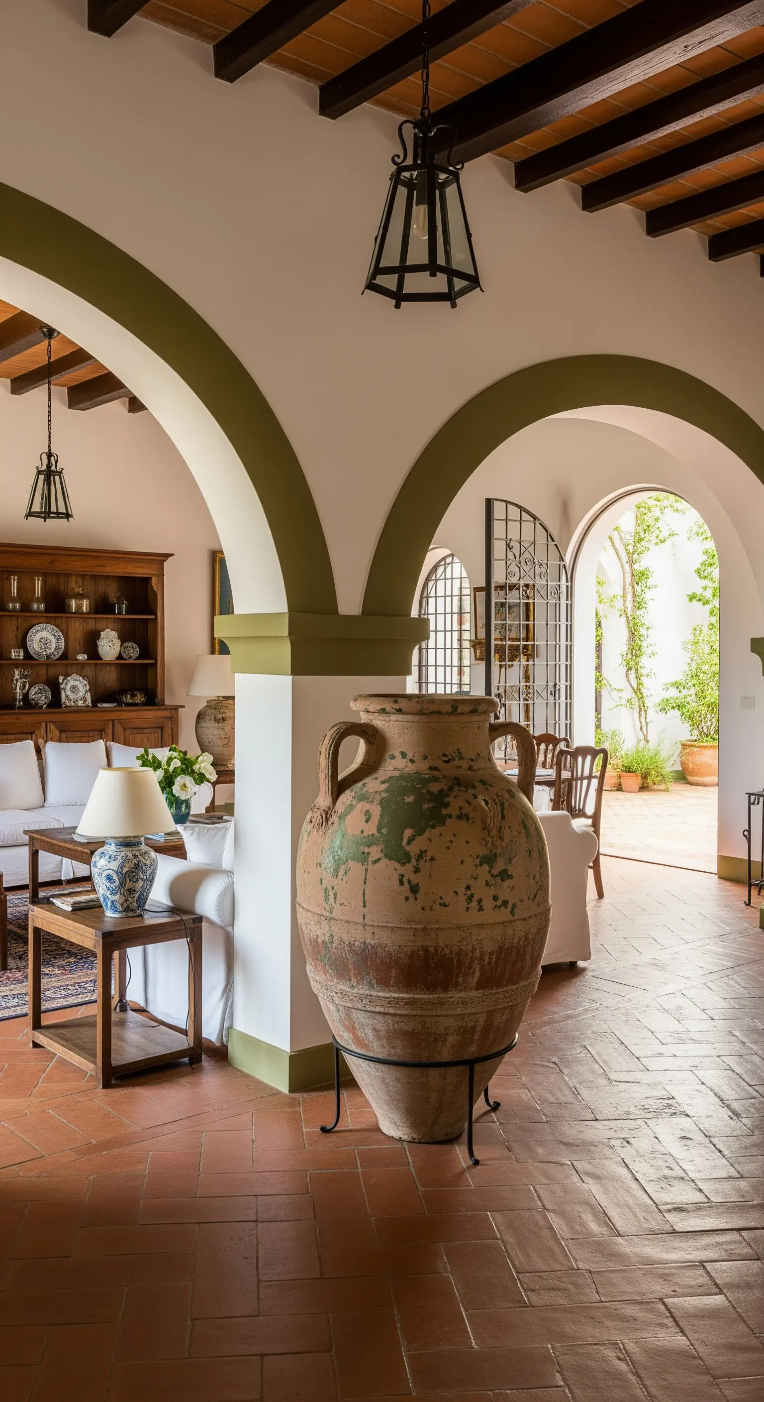 Große, antike Terrakotta-Amphore in einem mediterranen Wohnraum mit Rundbögen.