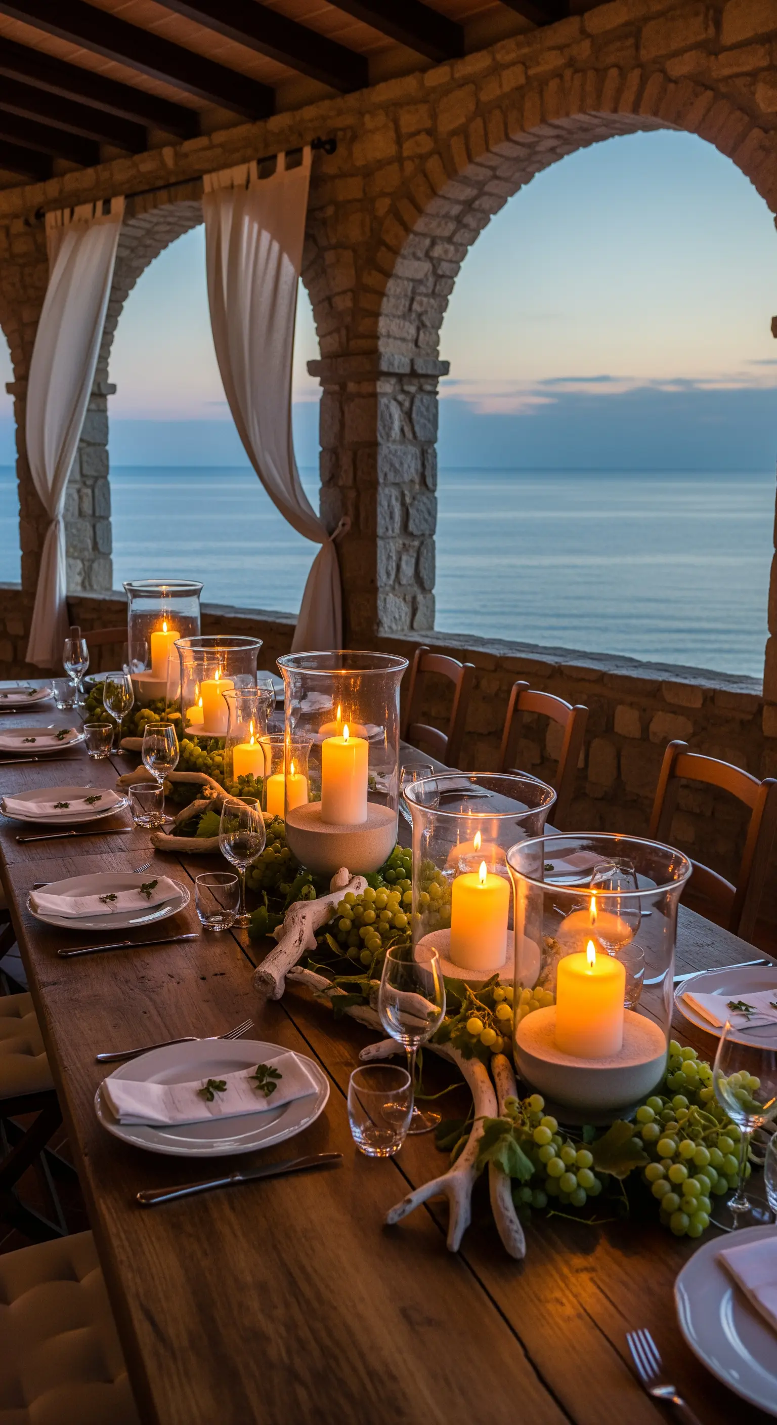 Holztisch mit Trauben, Ästen, Windlichtern und Kerzen am Meer mit Bögen