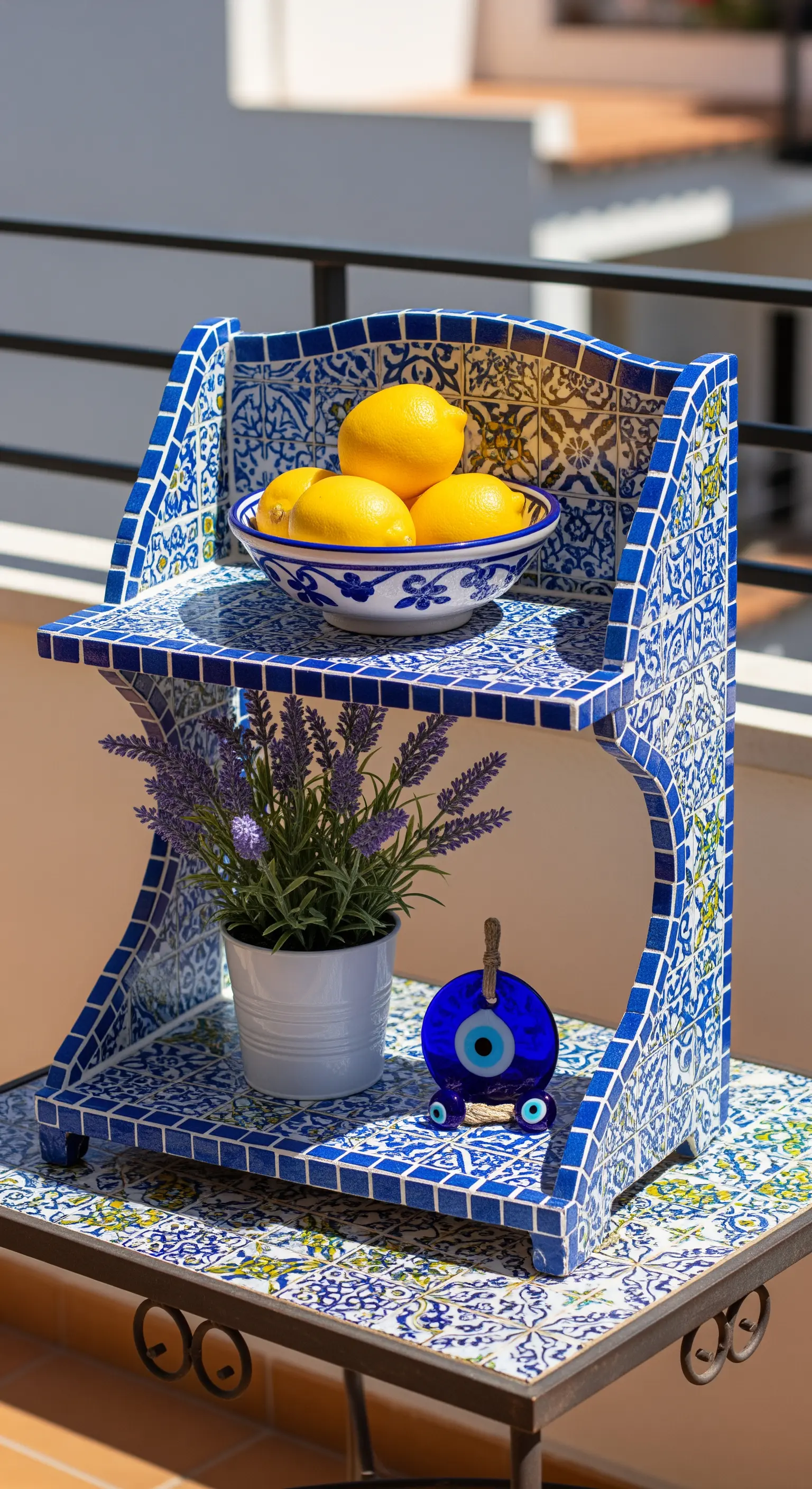 Bunte Etagere mit Mosaikfliesen, dekoriert mit Zitronen und Lavendel.