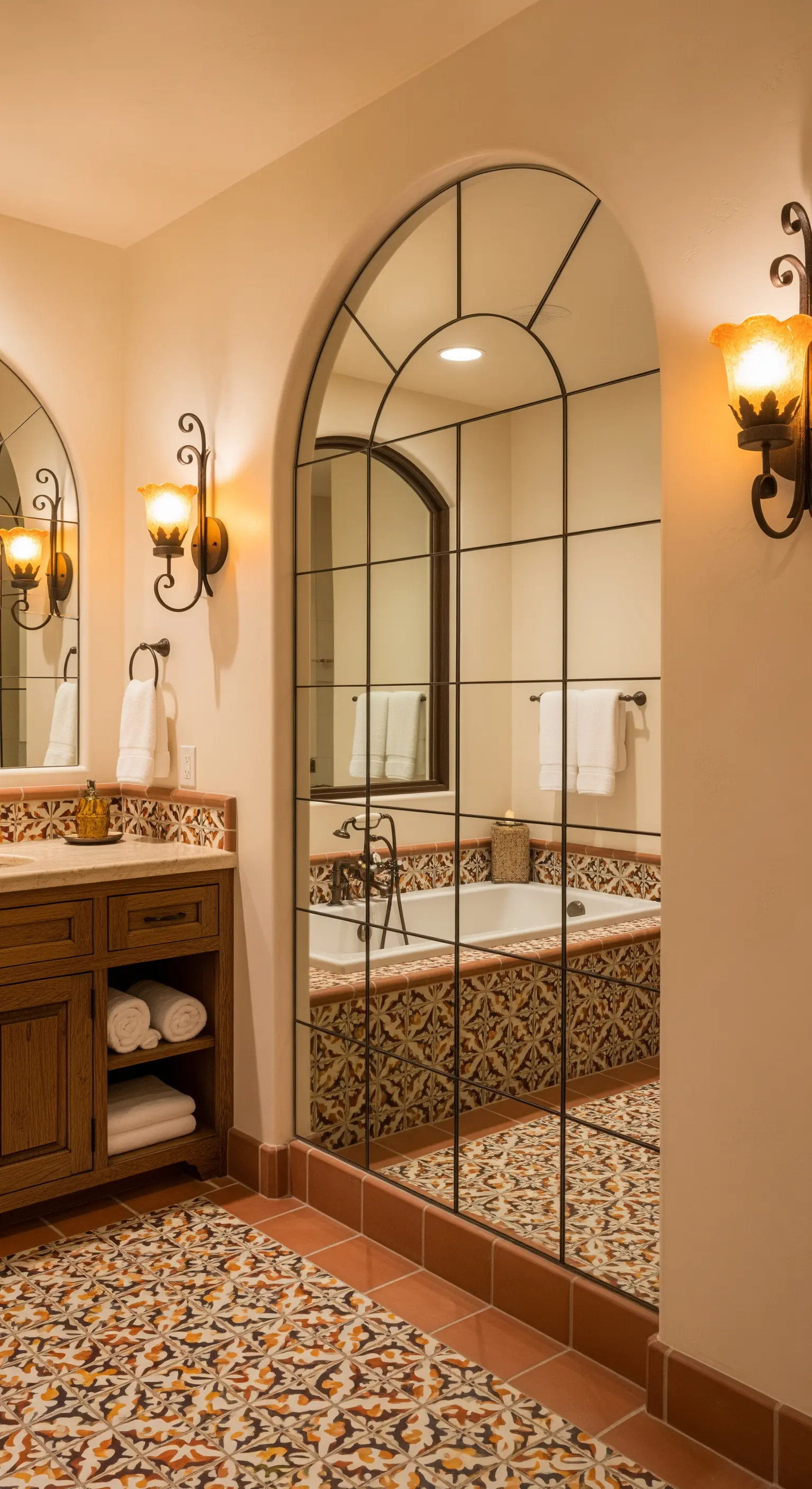 Badezimmer im mediterranen Stil mit einem großen Bogenspiegel, Terrakotta-Boden und Musterfliesen.