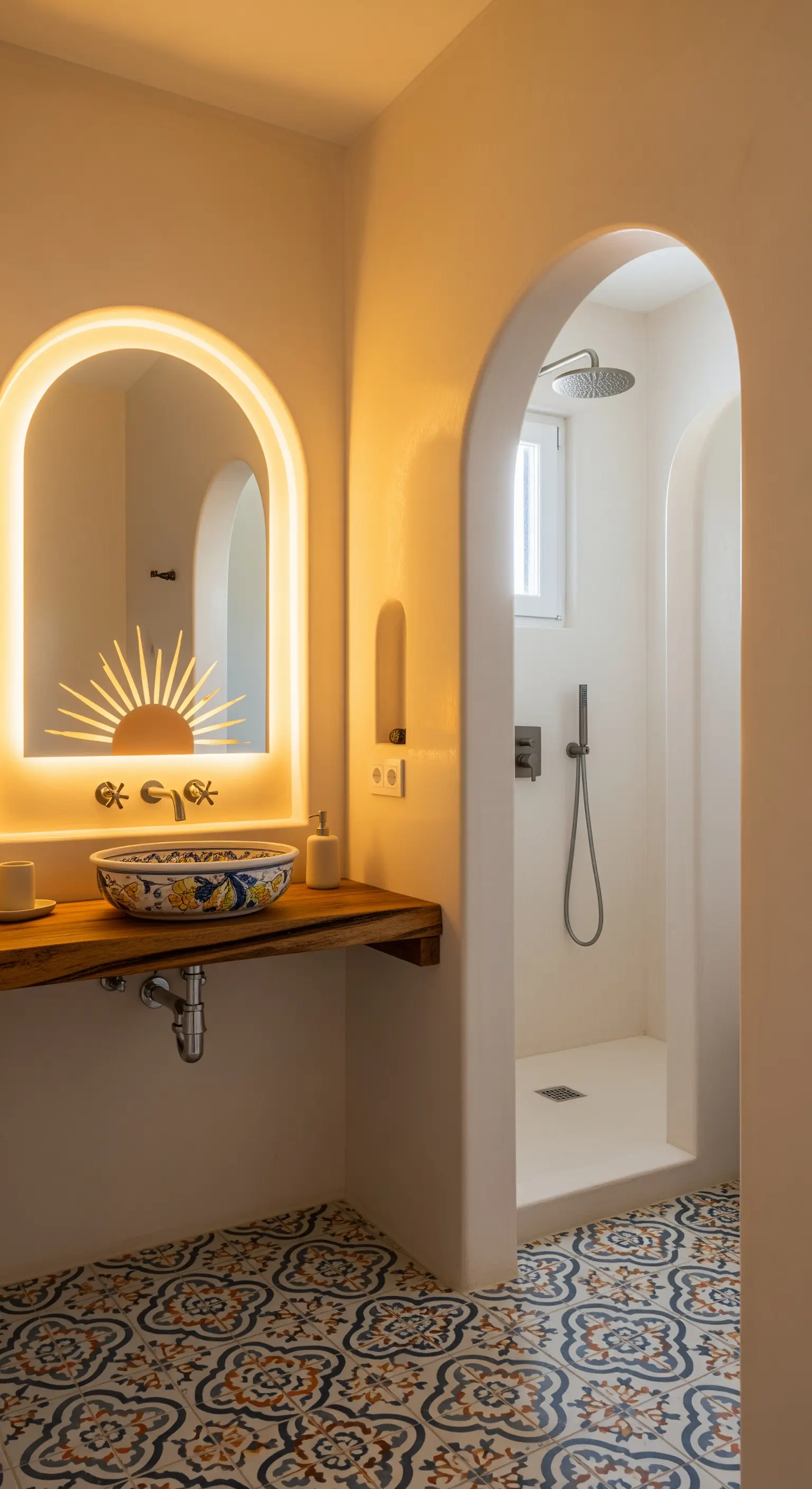 Bogenförmiger LED-Spiegel mit Sonnengravur über einem bunten Keramik-Waschbecken.