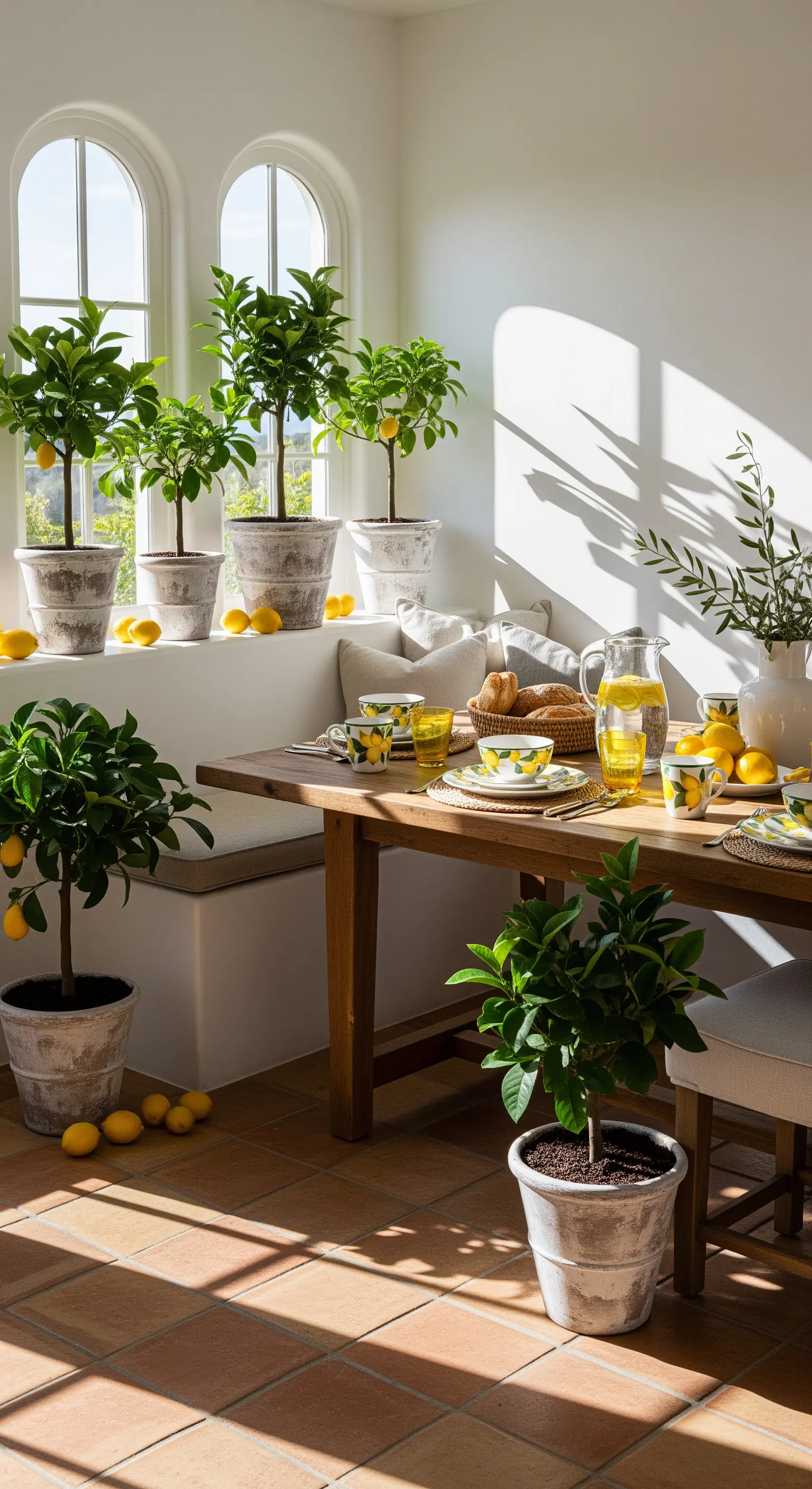 Essbereich mit mehreren Zitronenbäumchen und rustikalen Töpfen