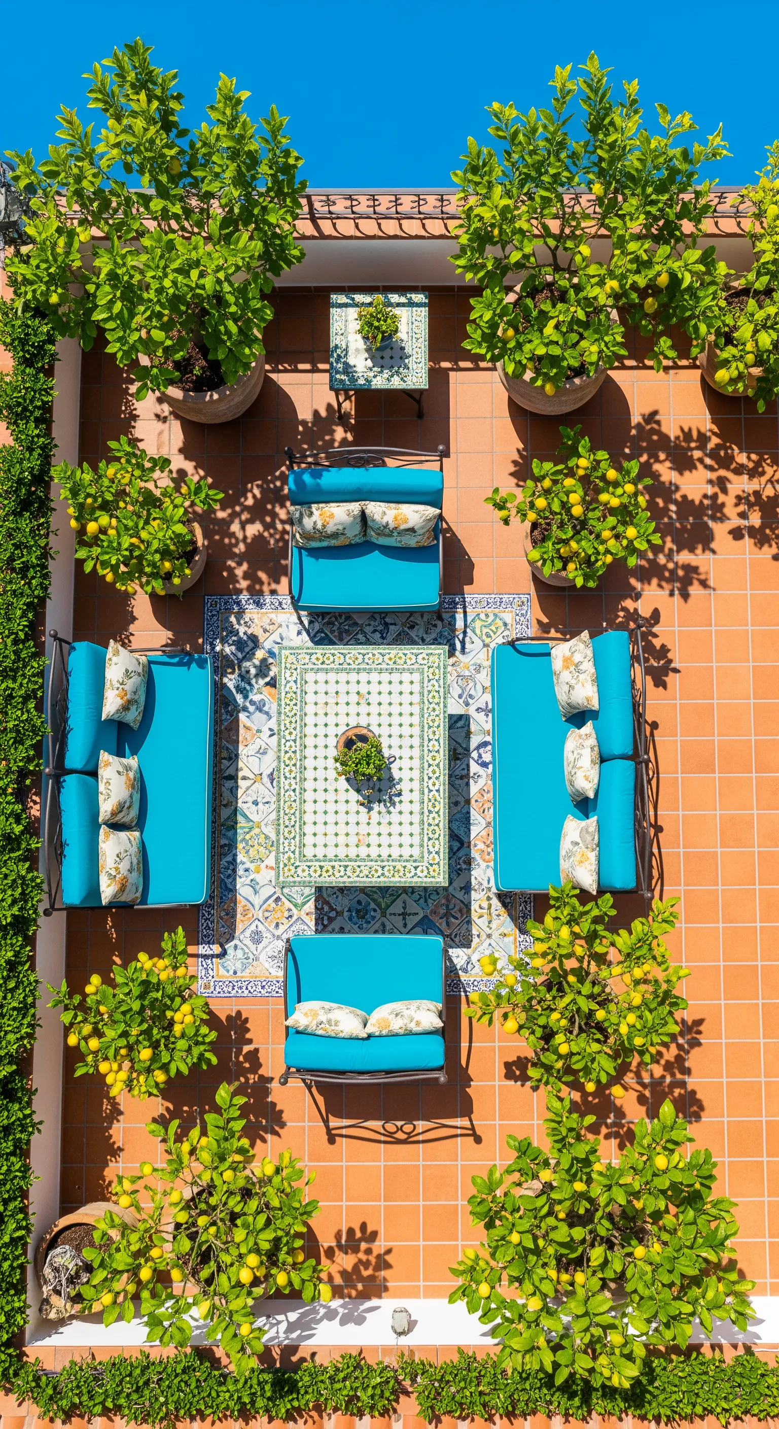 Symmetrische Terrasse mit Zitronenbäumen, türkisfarbenen Sofas und gemustertem Teppich