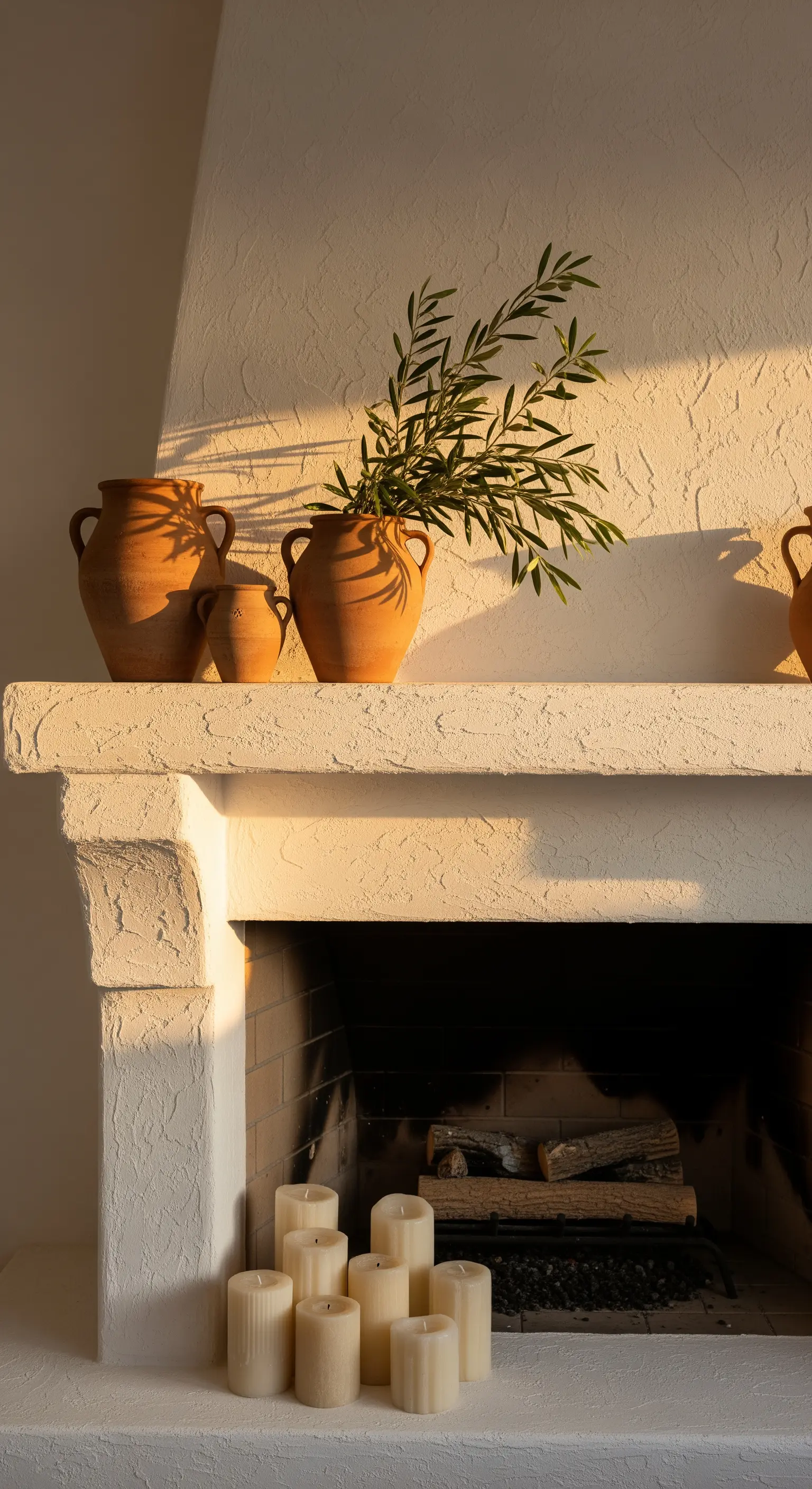 Mediterrane Kamin Deko mit Olivenzweigen in Terrakotta-Vasen bei Sonnenuntergang.