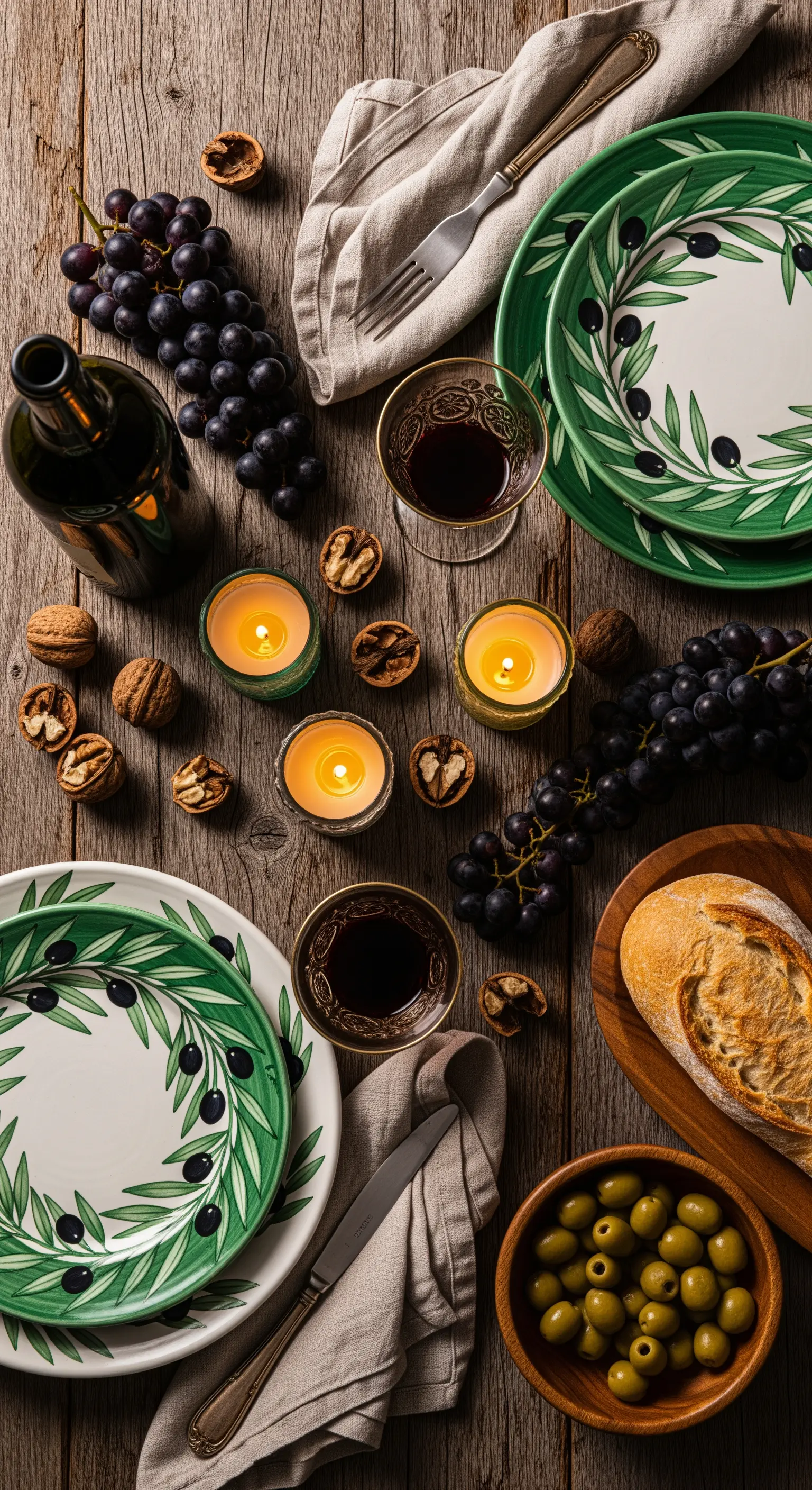 Mediterranes Stillleben mit Oliventellern, Trauben, Wein und Kerzen auf Holz