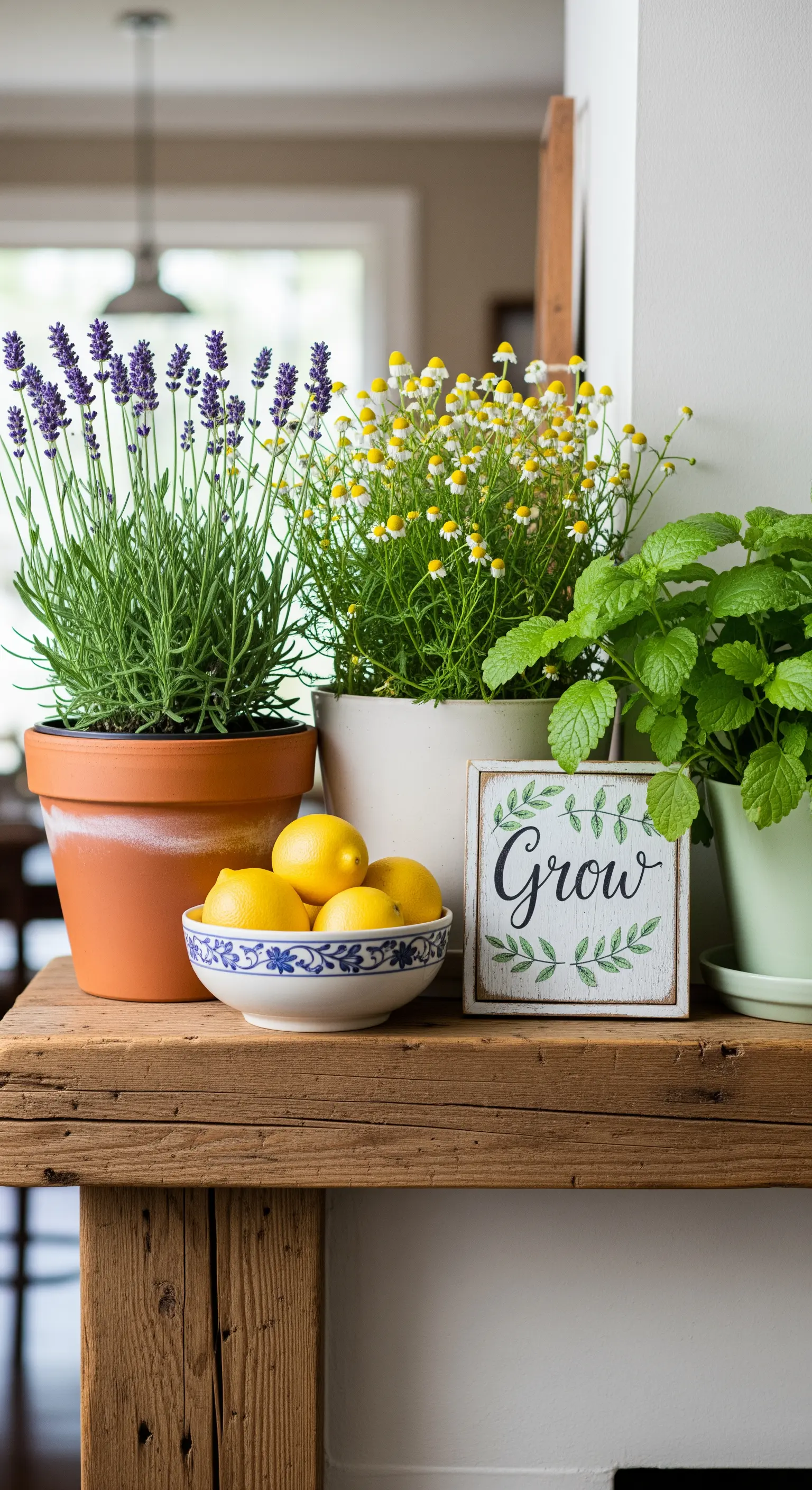 Ein Arrangement aus Lavendel, Kamille und Zitronen auf einem rustikalen Holzbalken