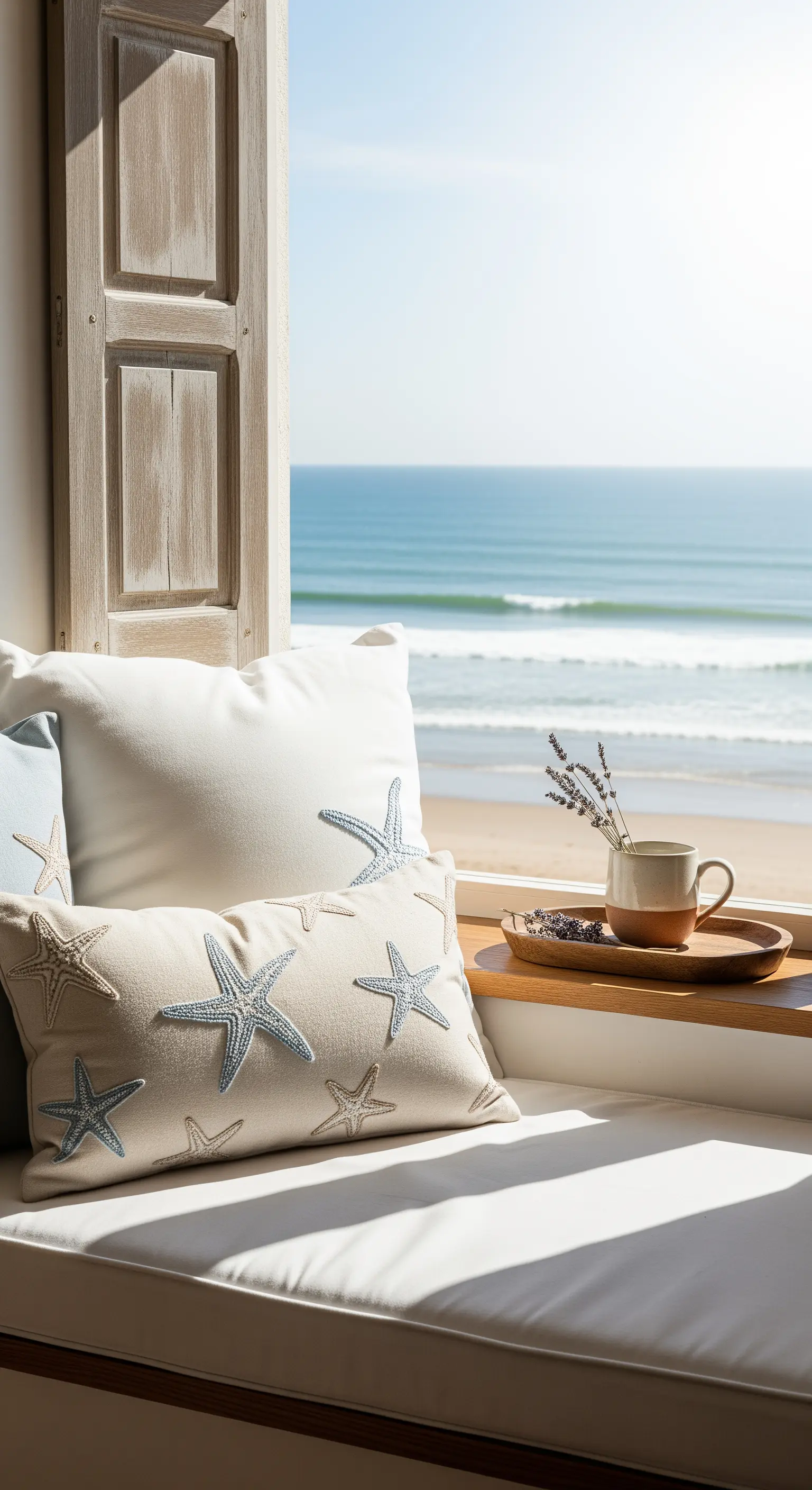 Fensterplatz mit Meerblick, Seestern-Kissen und Lavendel in einer Teetasse.