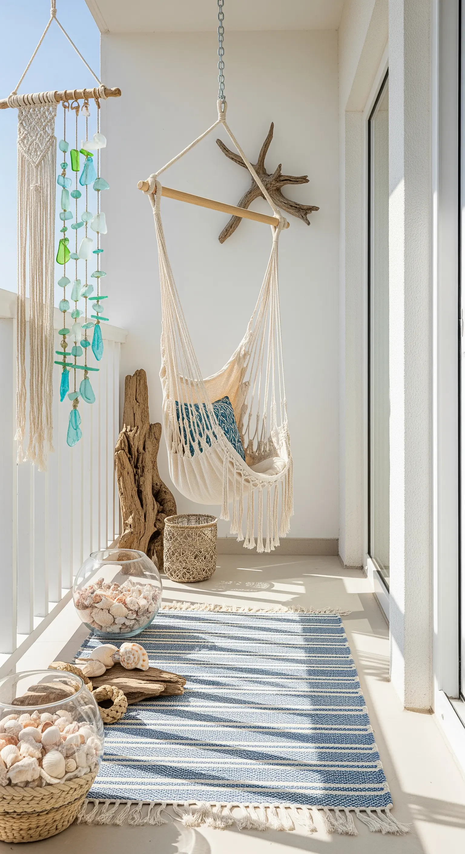 Heller Balkon im Küstenstil mit Hängesitz, Treibholz und Muscheldekoration.
