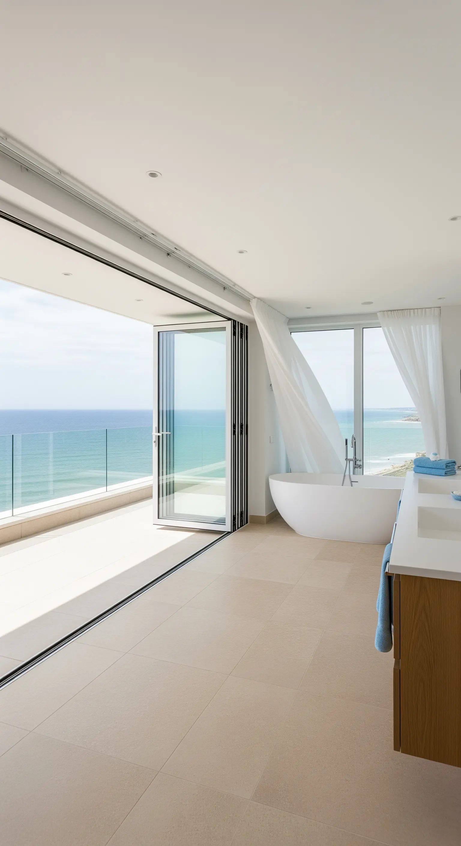 Helles Badezimmer mit einer komplett zu öffnenden Glasfront zu einem Balkon am Meer