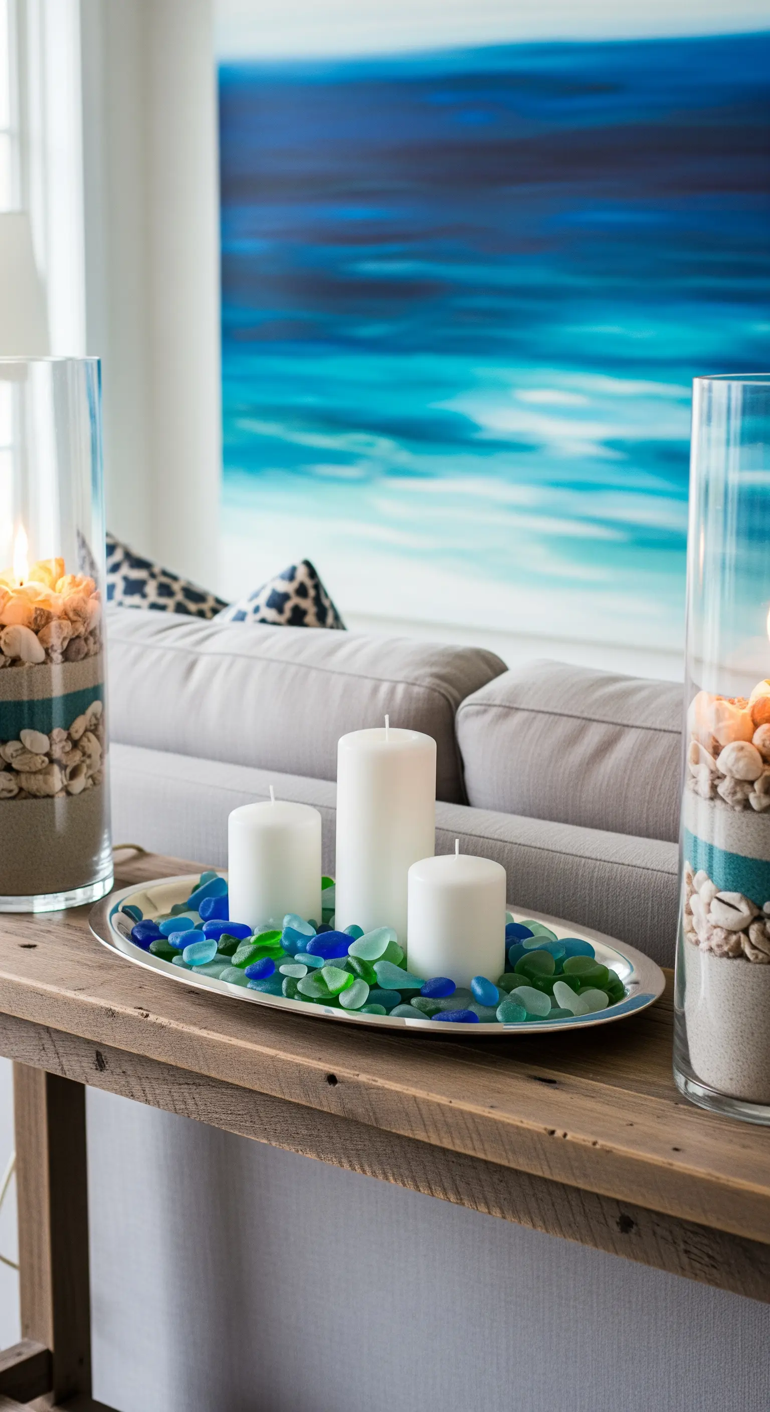 Konsolentisch mit Meeresglas-Kerzendeko und Sand-Muschel-Windlichtern.