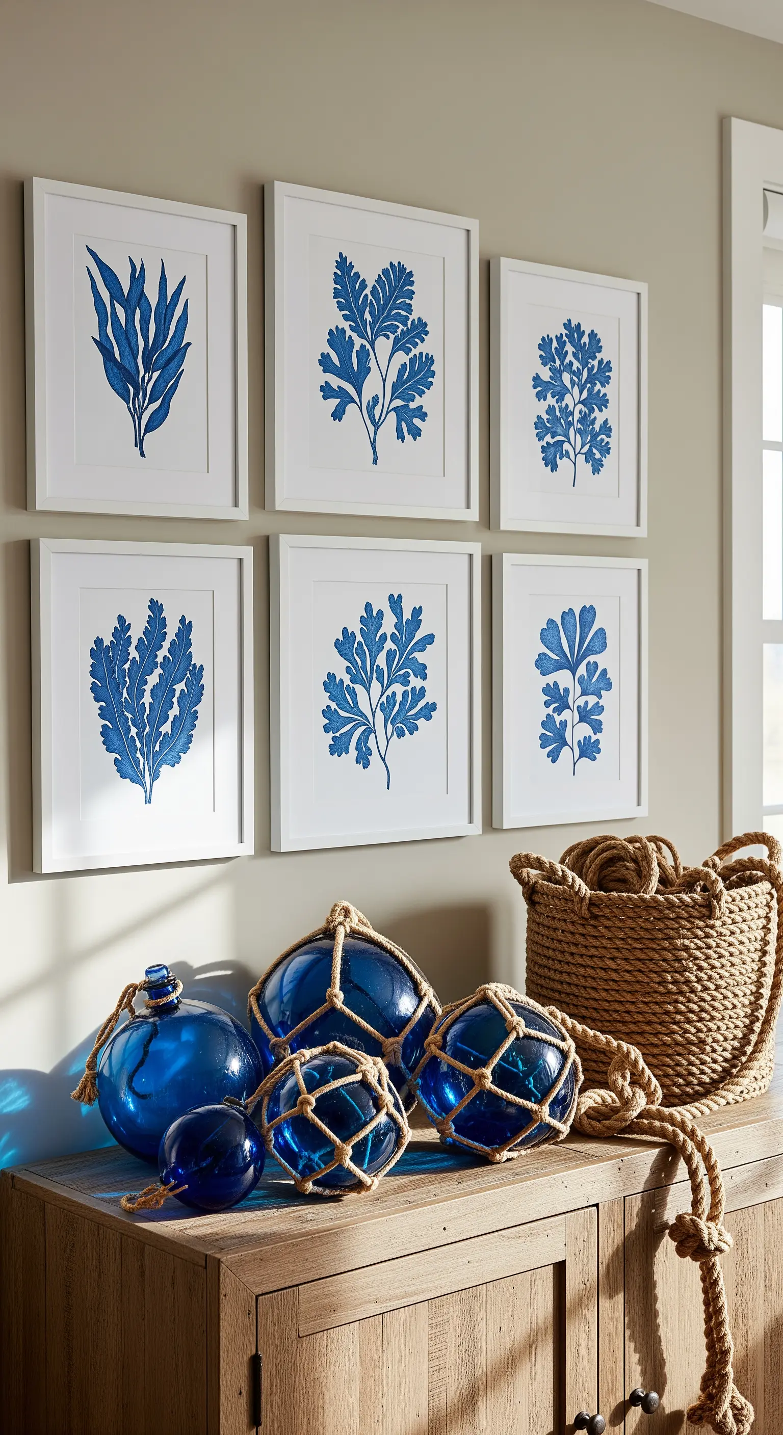 Wandgalerie mit blauen Meerespflanzen-Drucken, blauen Glasbojen und Seilkorb.