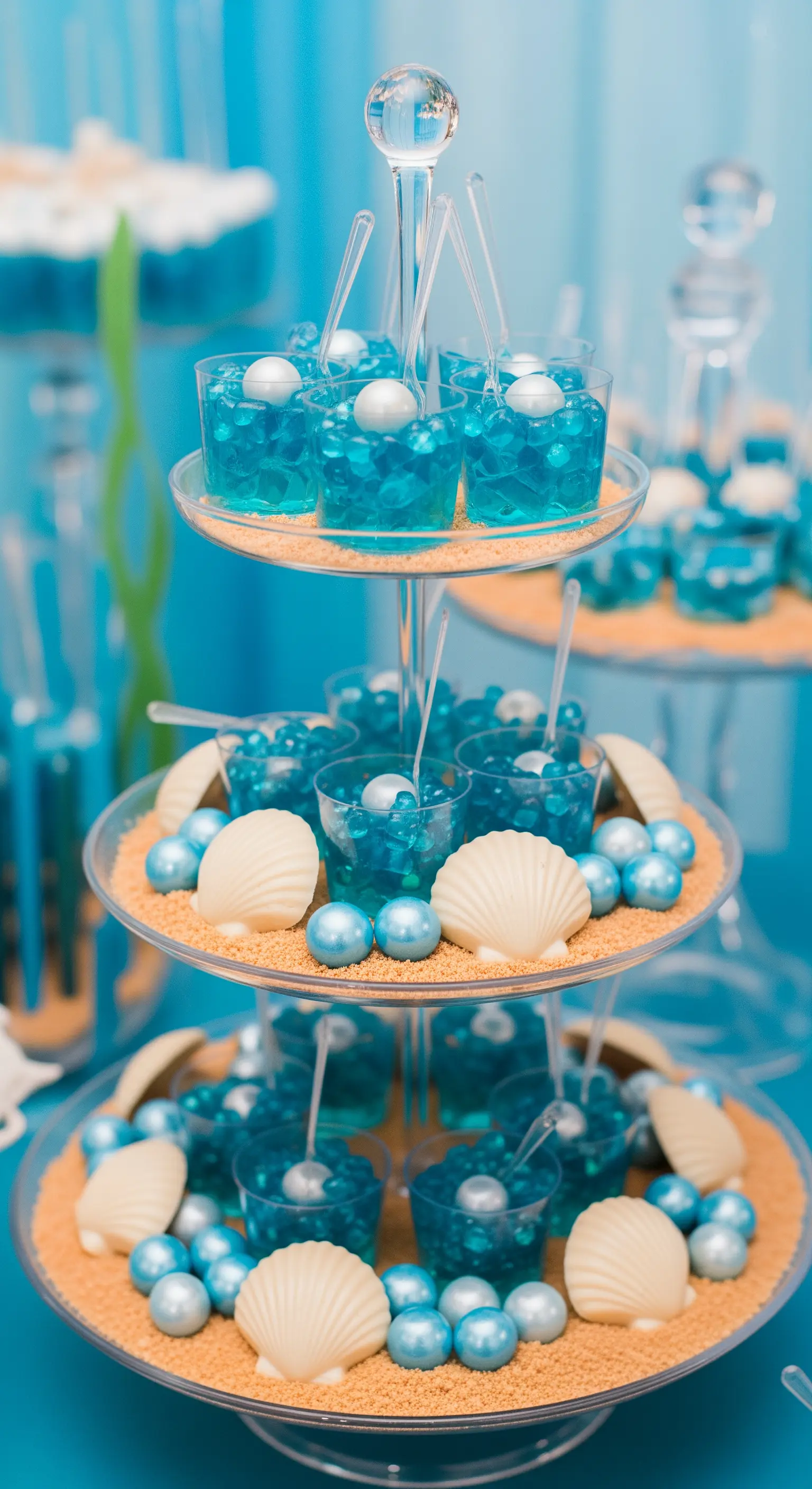 Glas-Etagere mit blauem Wackelpudding, Schokomuscheln und essbarem Sand.