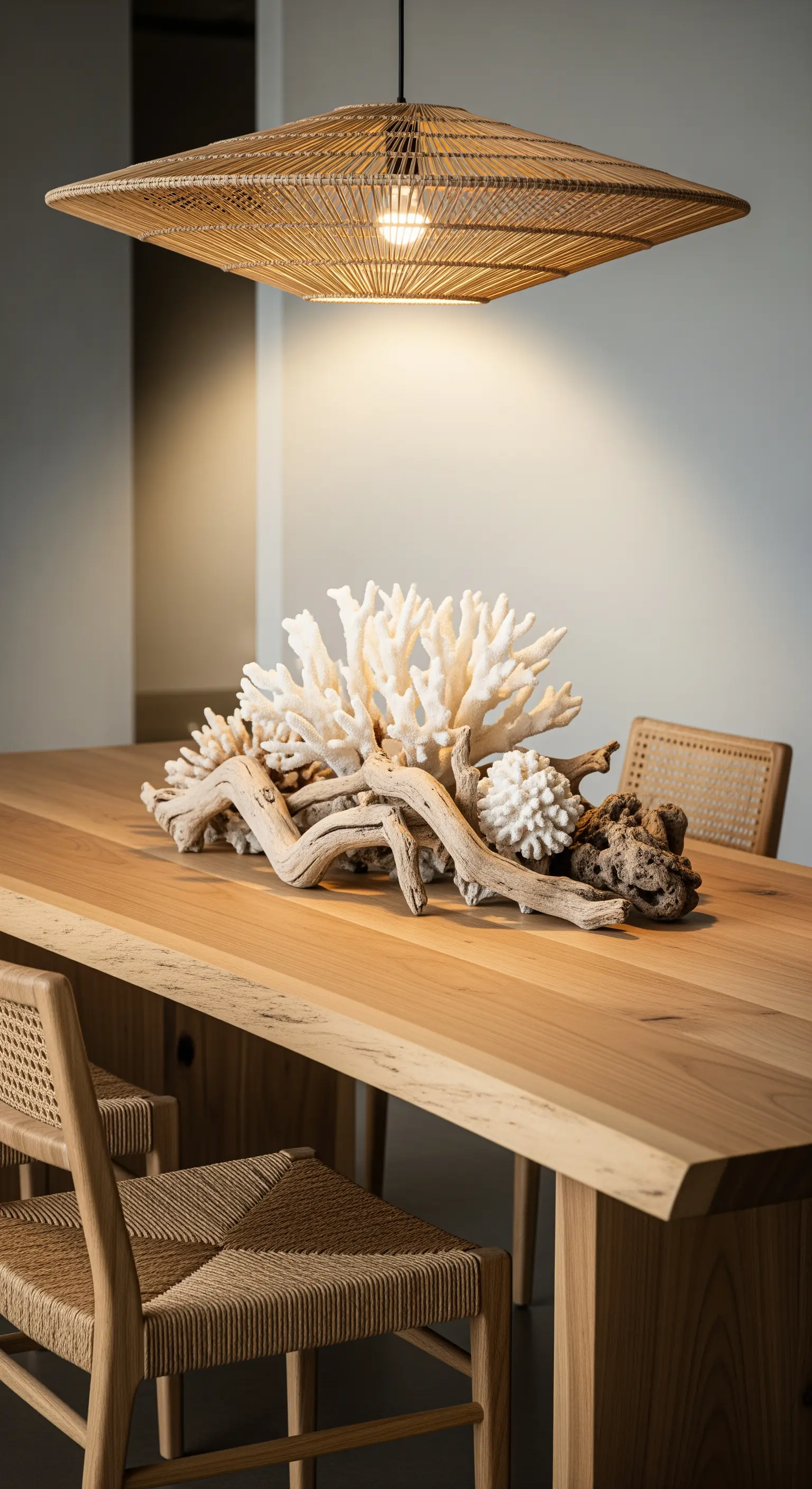 Holztisch, Korallen-Treibholz-Centerpiece, quadratische Rattan-Leuchte