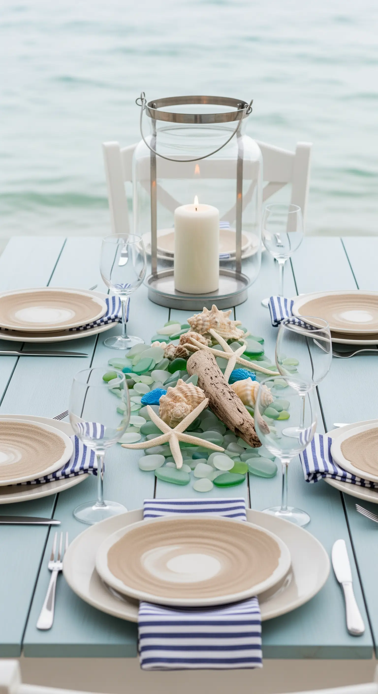 Maritime Tischdeko am Meer mit Muscheln, Treibholz und blau-weißen Streifen.