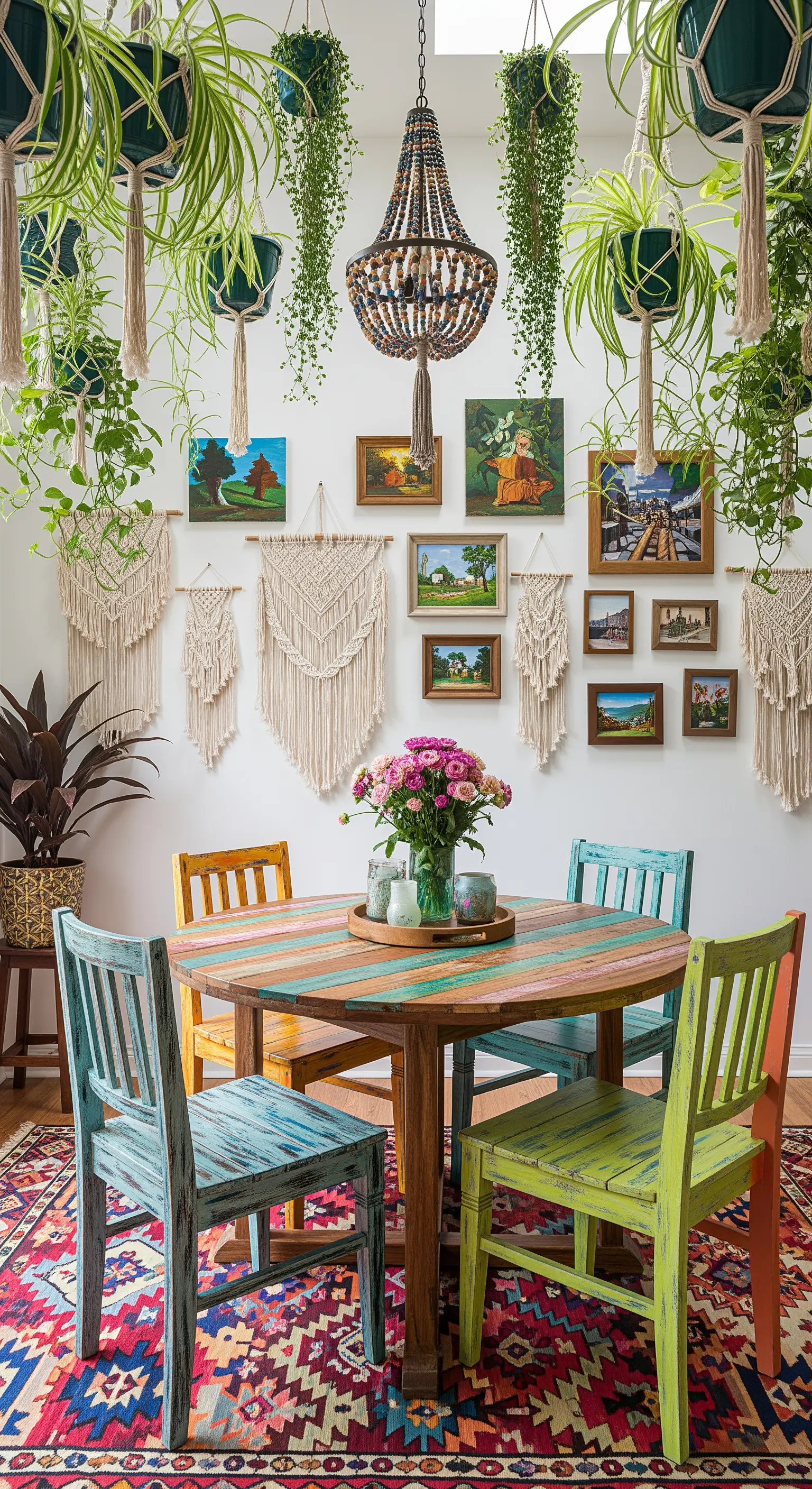 Buntes Esszimmer mit vielen Hängepflanzen und einer Kunstwand.