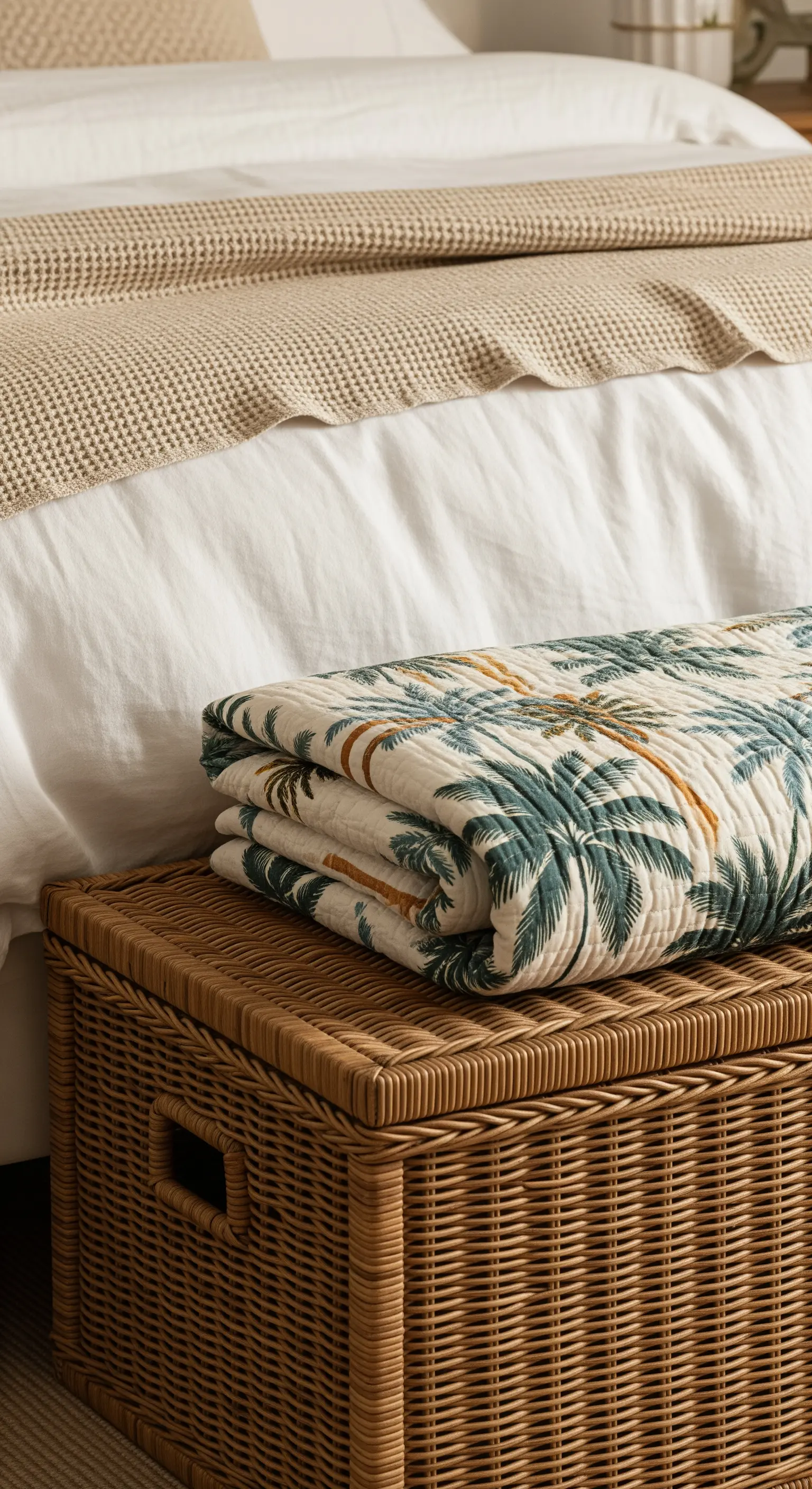 Gesteppte Palmen-Decke auf einer Korbtruhe am Bettende