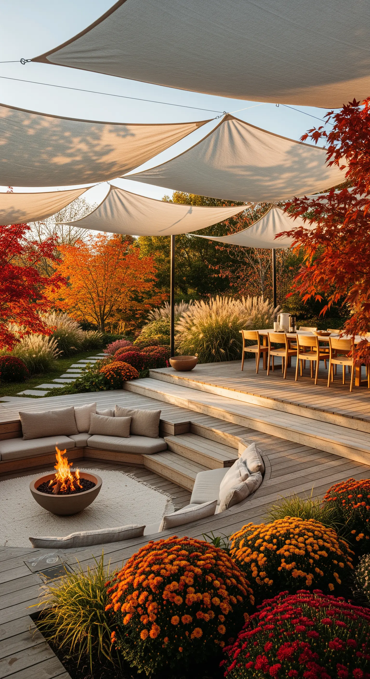 Mehrstufige Japandi-Terrasse mit Lounge, Essbereich und Herbstblumen