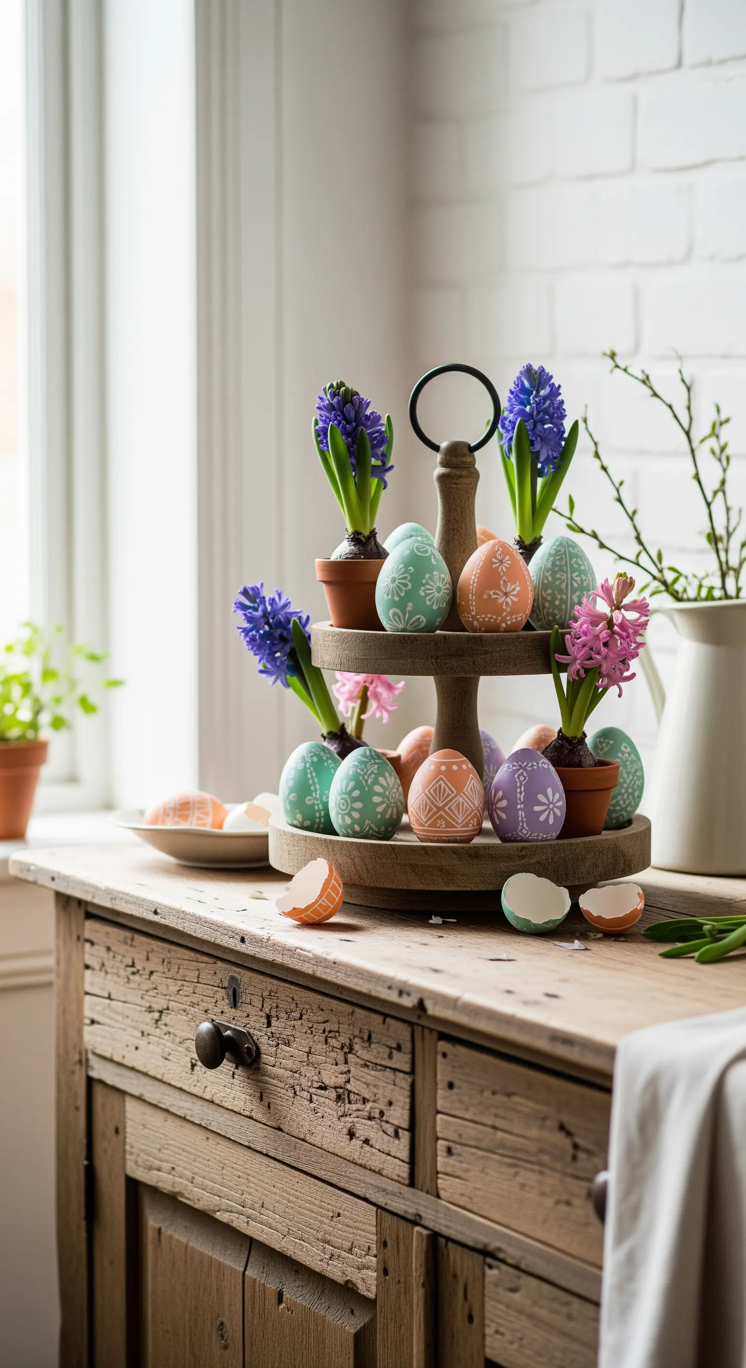 Holz-Etagere mit Hyazinthen und bemalten Pastell-Ostereiern auf rustikalem Sideboard.