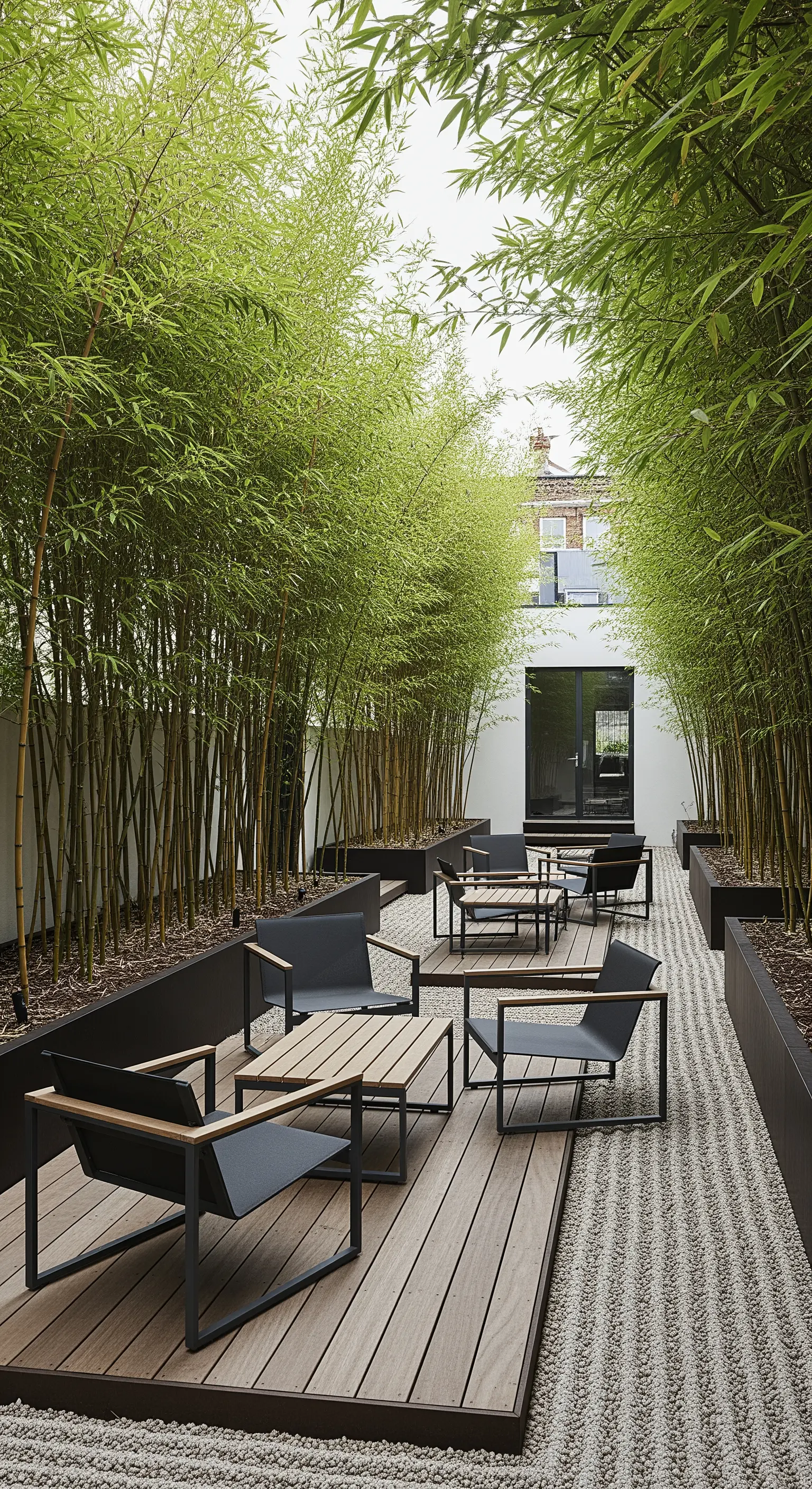 Mehrere Holzdecks mit Sitzgruppen und Bambus in langen, schmalen Pflanzkästen