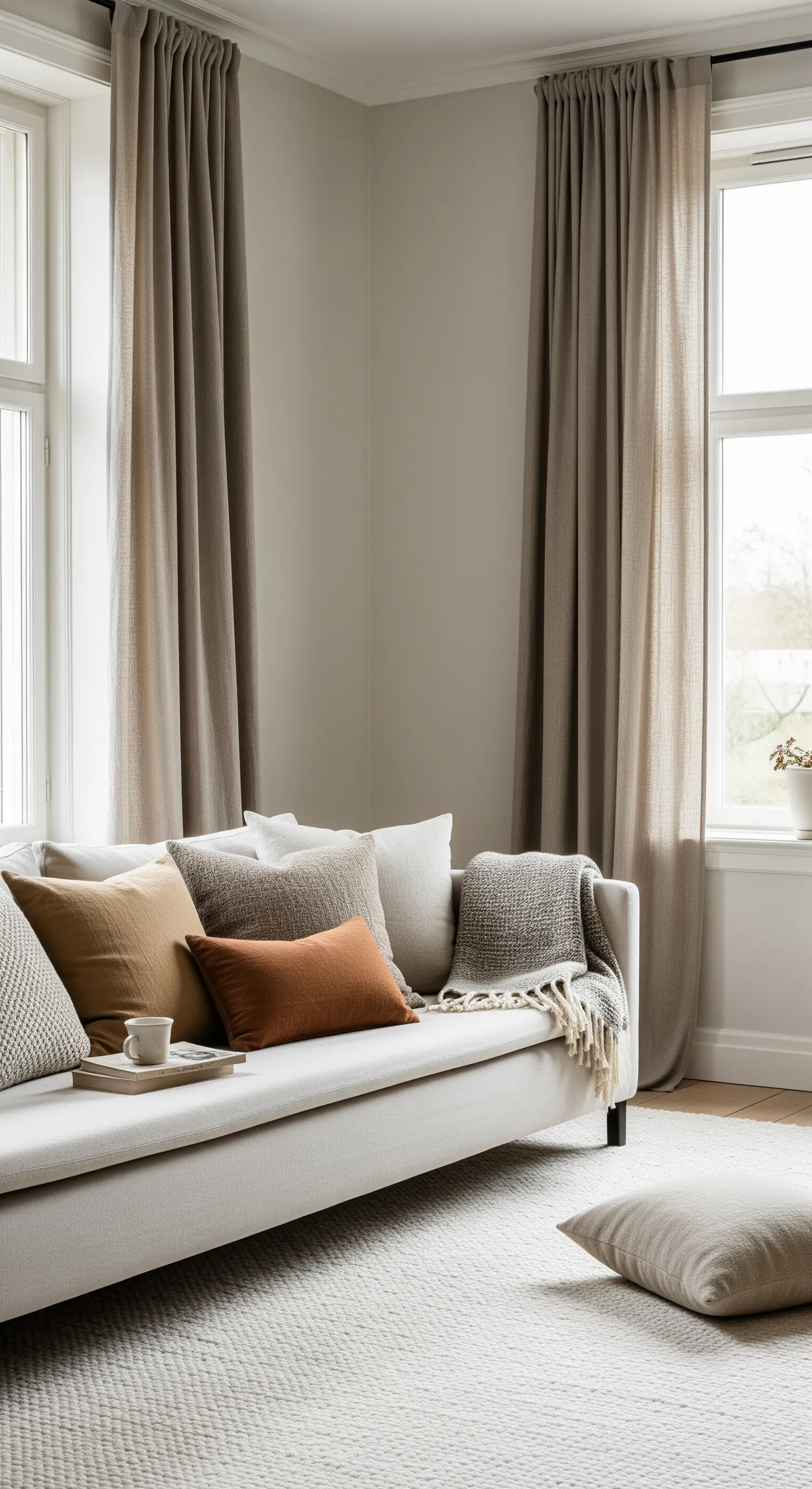 Helles Sofa mit einer Auswahl an Kissen in verschiedenen Erdtönen und Texturen