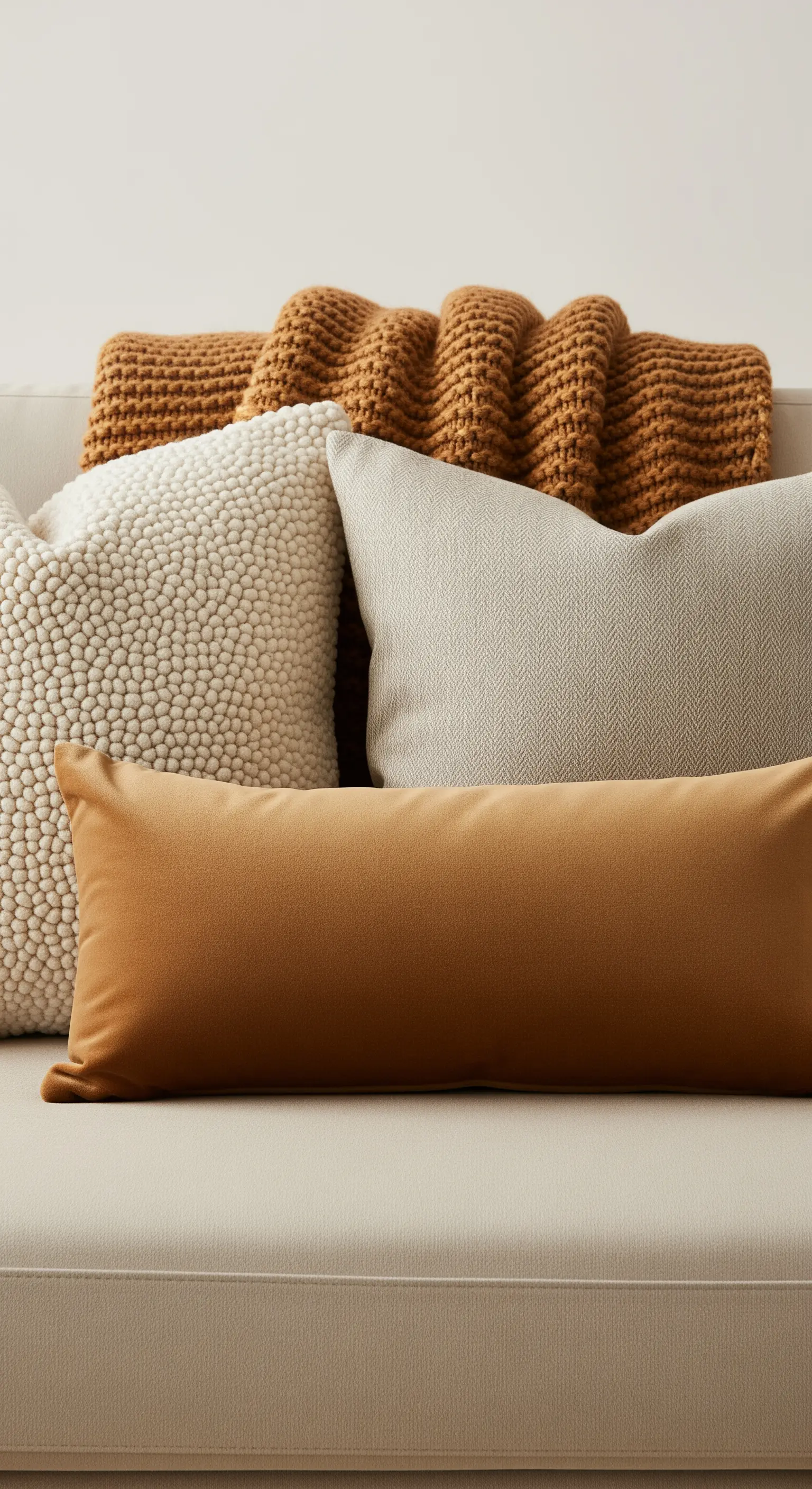 Verschiedene Kissen in Creme-, Beige- und Karamelltönen mit unterschiedlichen Texturen auf einem Sofa.