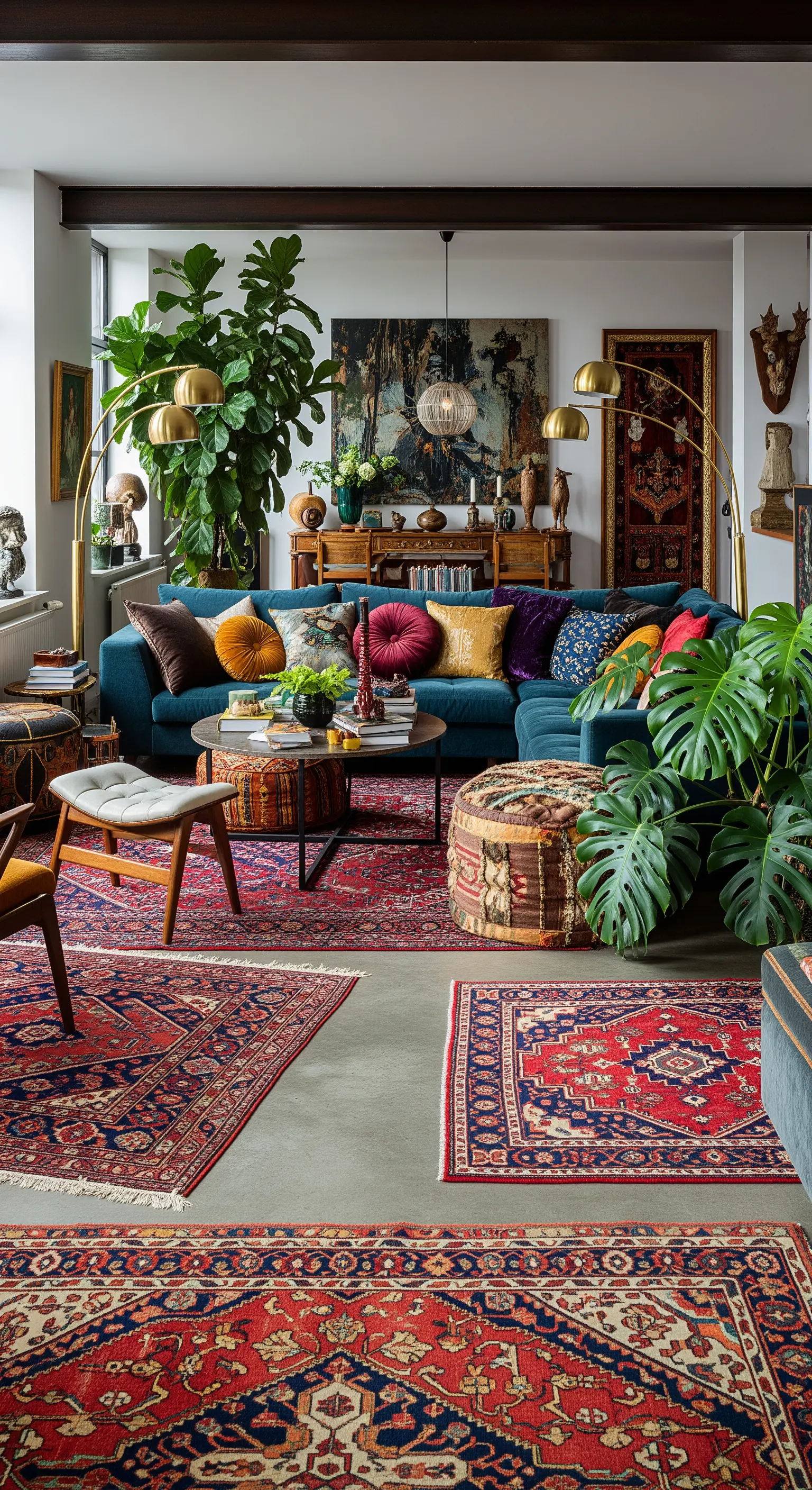 Farbenfrohes Boho-Wohnzimmer mit vielen Teppichen, Pflanzen und einem blauen Samtsofa.