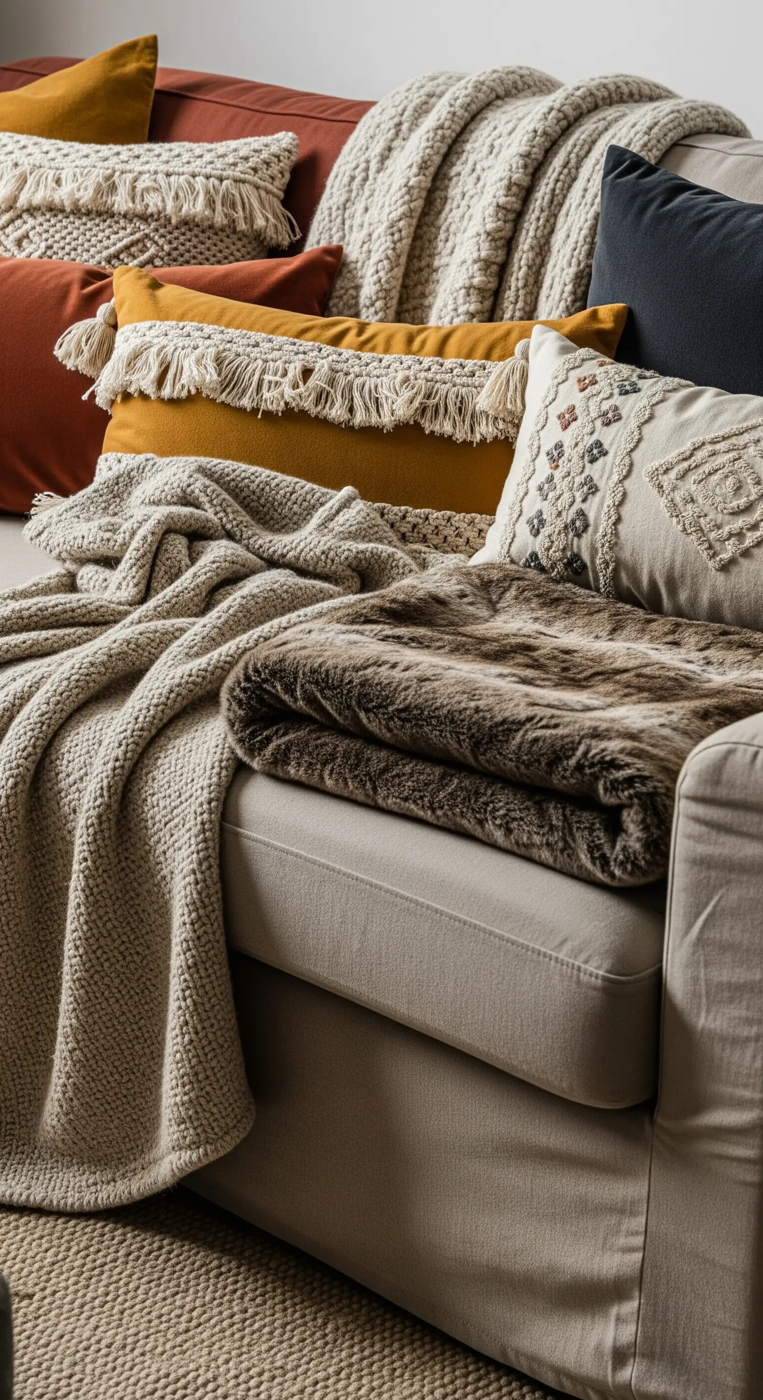 Nahaufnahme eines Sofas mit einer Vielzahl von Kissen und Decken in verschiedenen Texturen