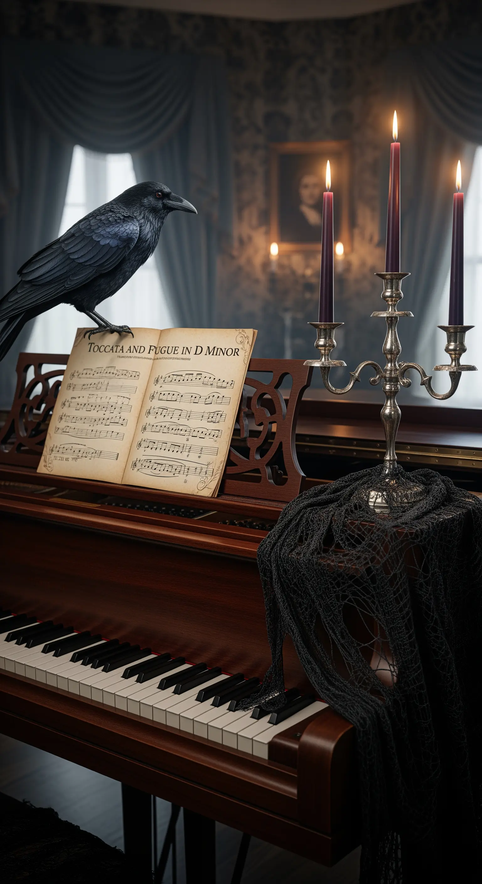 Halloween-Klavierdeko mit Rabenfigur, Kerzenleuchter und Spinnennetzstoff.