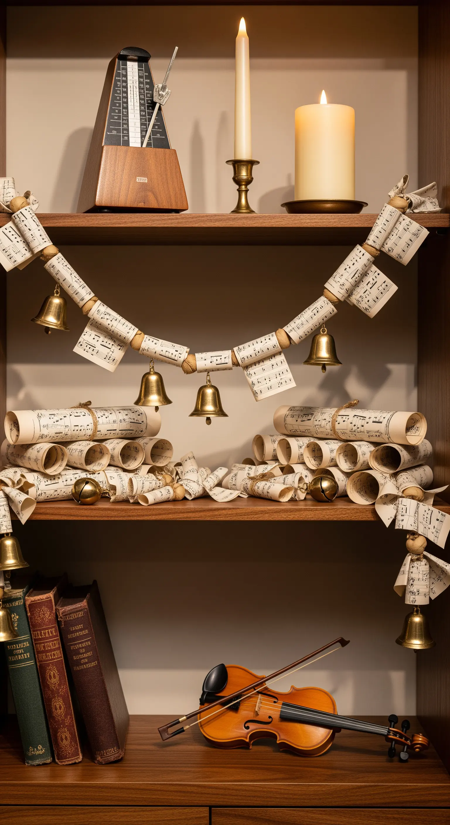 Holzregal dekoriert mit einer Girlande aus Notenblättern und Messingglocken