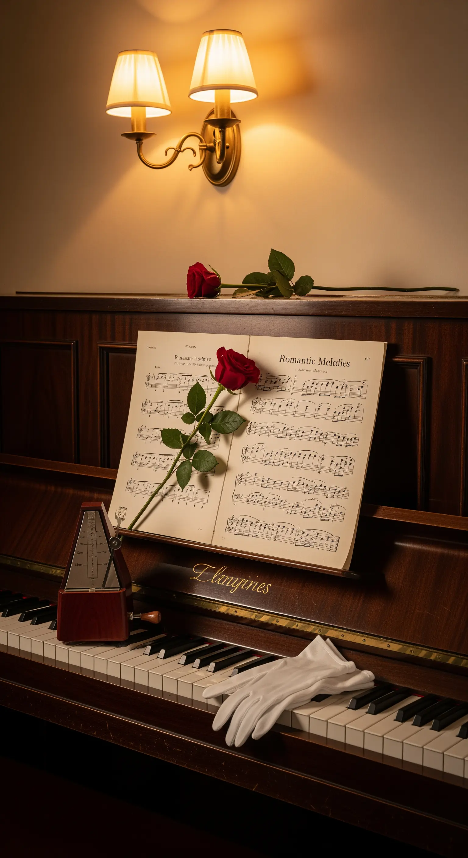 Klavier Deko, rote Rose, Notenblatt, Opernhandschuhe, Vintage Wandlampe