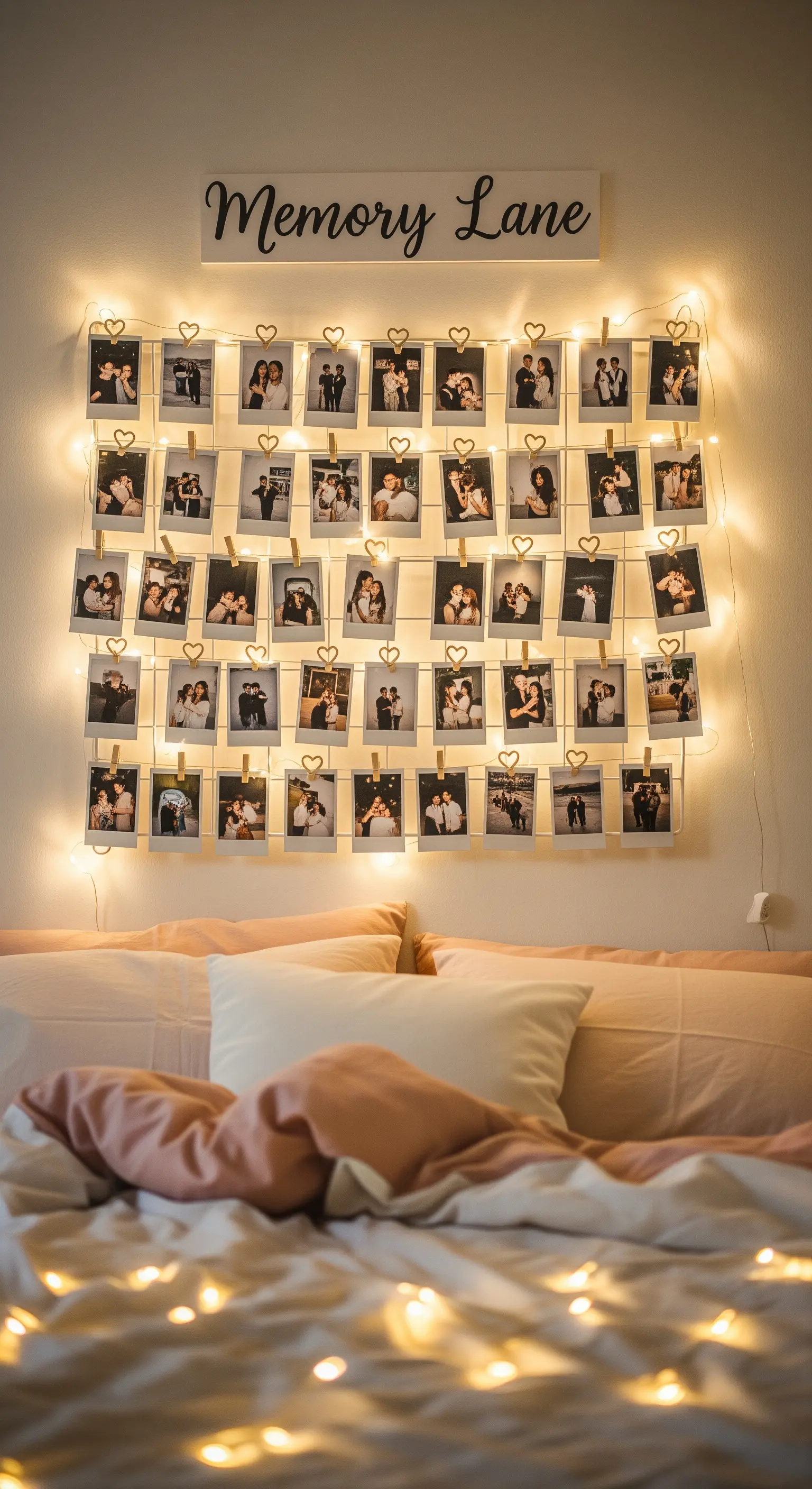 Fotowand mit Lichterkette über dem Bett und persönlichen Bildern