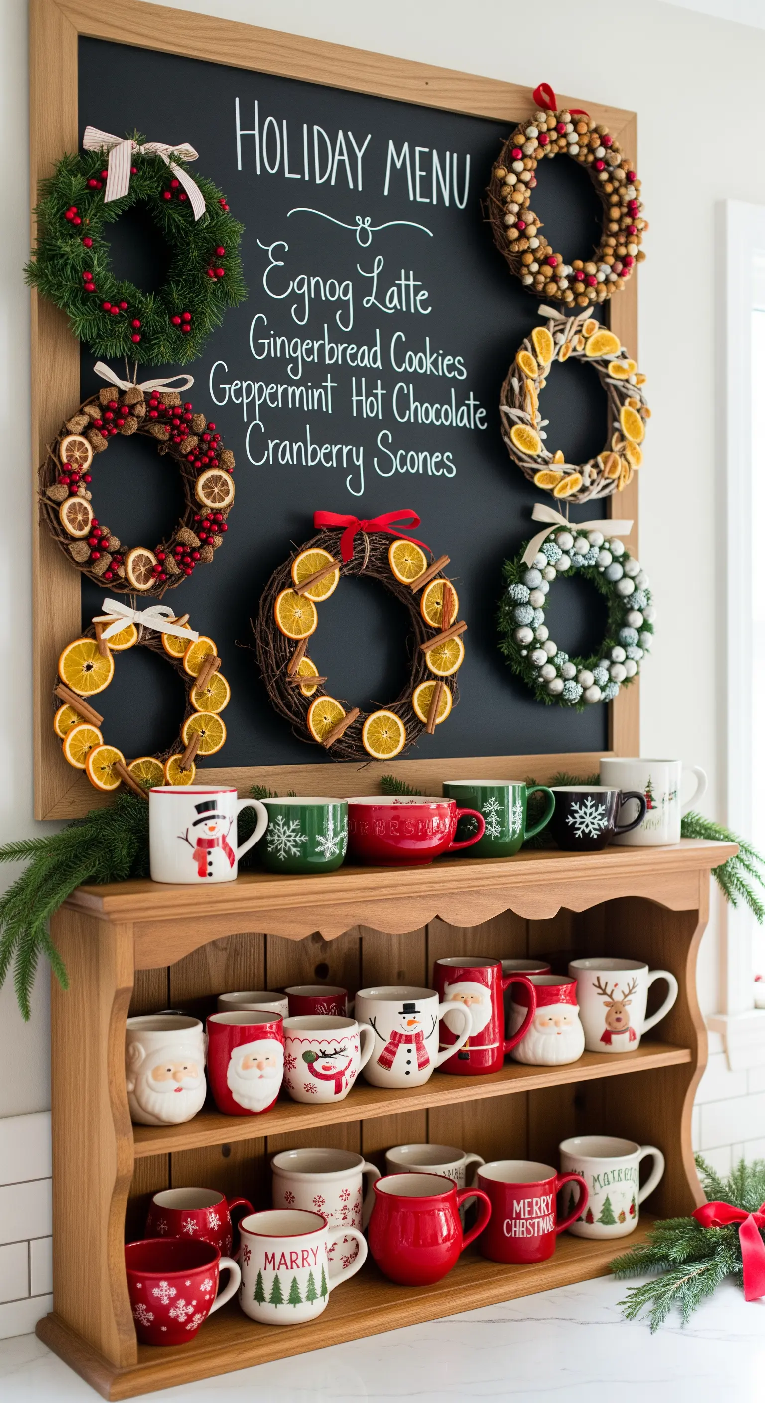 Kreidetafel mit Weihnachtsmenü, umgeben von verschiedenen Kränzen und festlichen Tassen