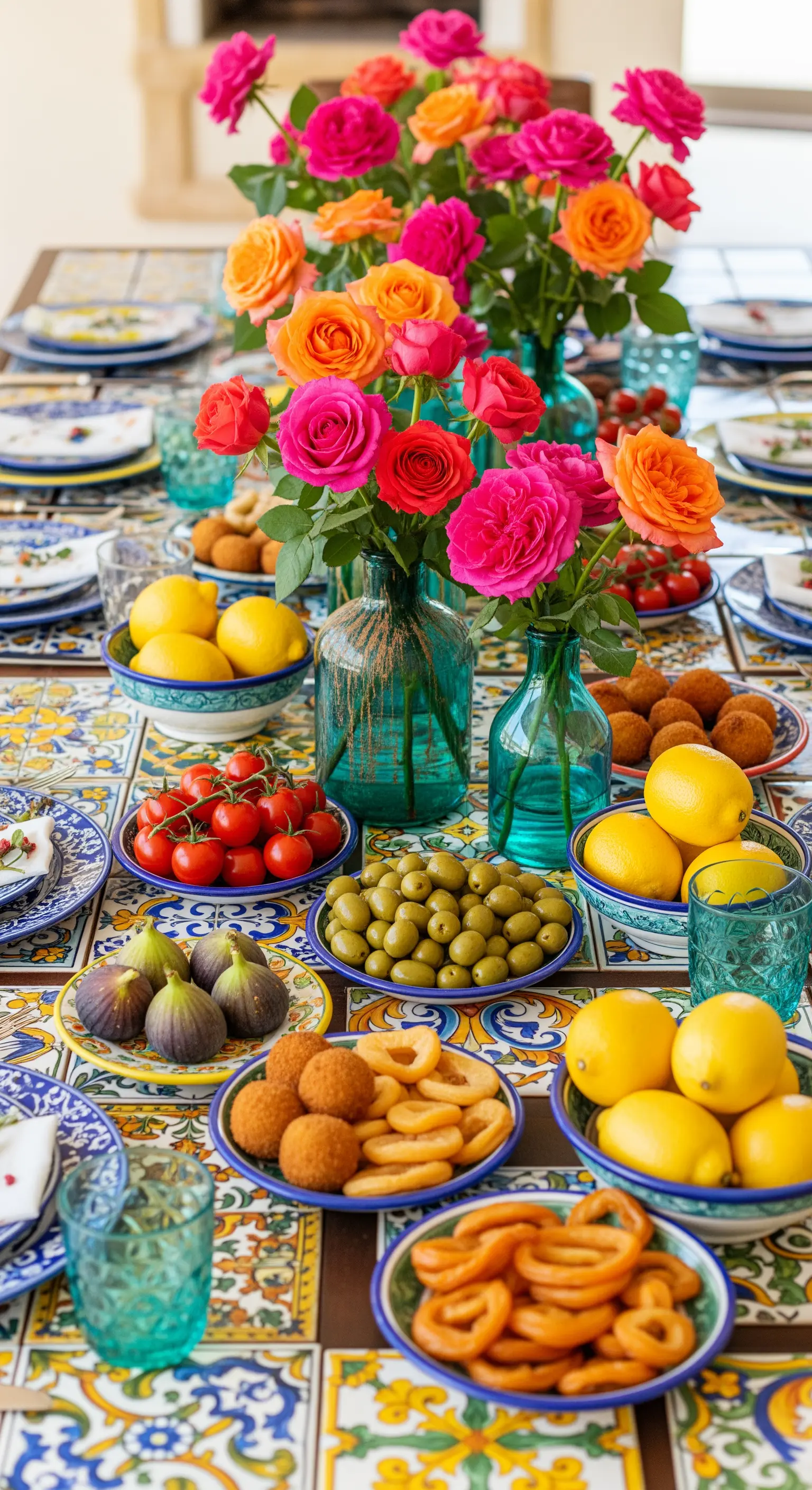 Bunte Tischdeko mit Rosen und Schalen voller mediterraner Speisen auf Fliesentisch.