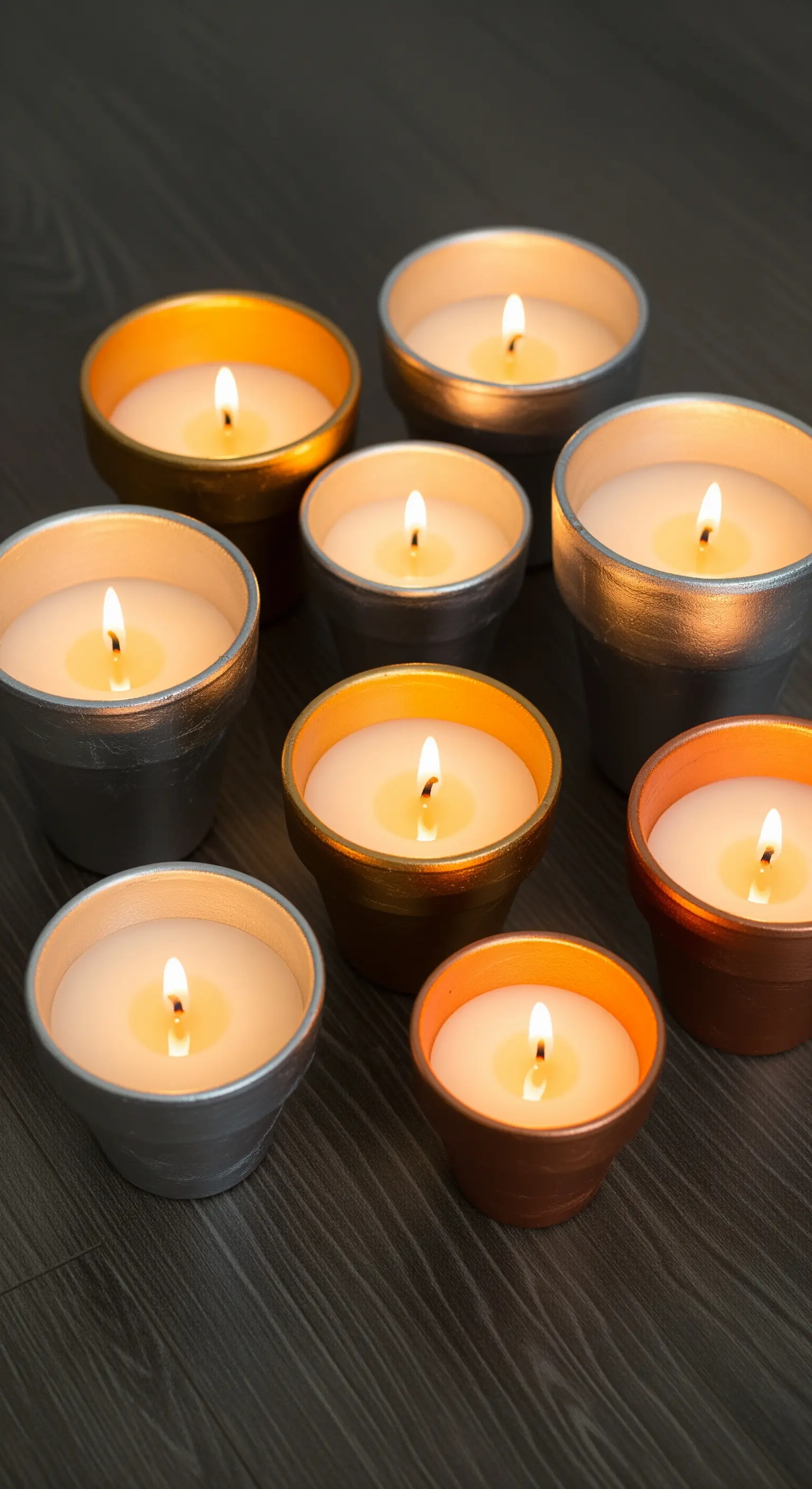 DIY-Kerzen in kleinen Terrakotta-Töpfen, die in Gold, Silber und Kupfer bemalt sind.