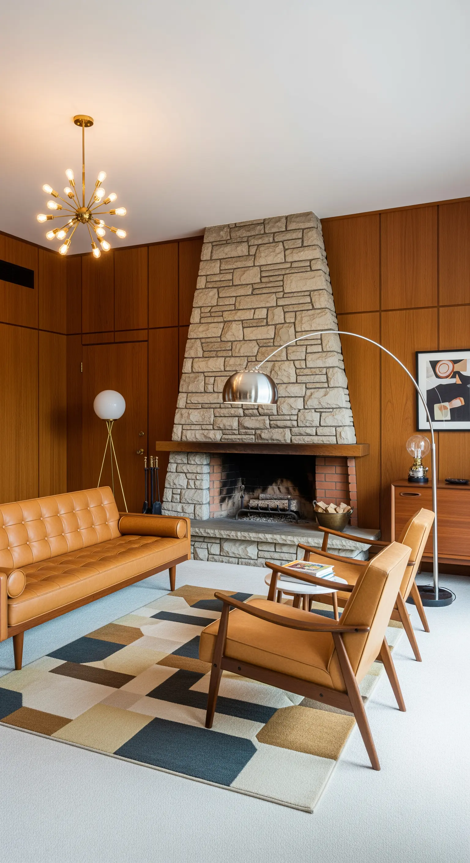 Wohnzimmer im Mid-Century-Stil mit Steinkamin, Holzverkleidung und geometrischem Teppich.