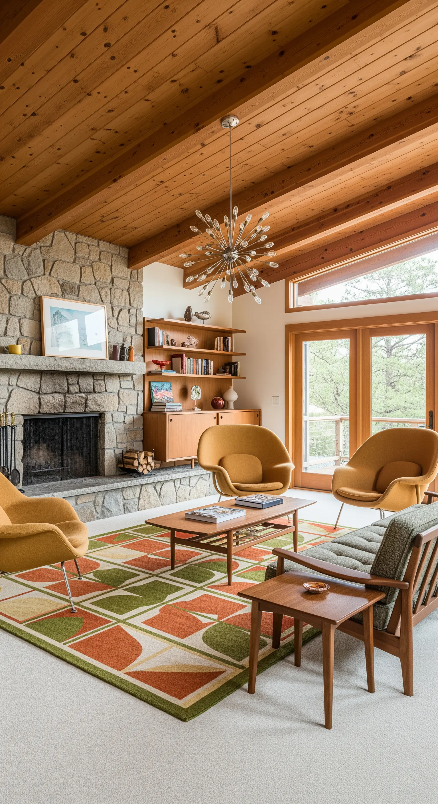 Mid-Century Wohnzimmer mit Holzbalkendecke und einem Teppich mit Retro-Muster.