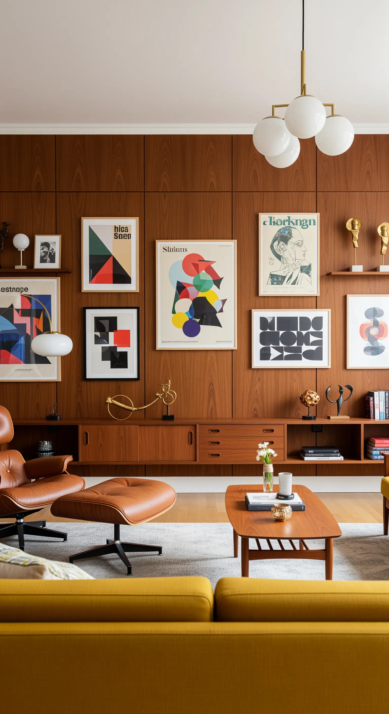 Eine vielseitige Bilderwand mit Grafikpostern vor einer Mid-Century-Holzvertäfelung.