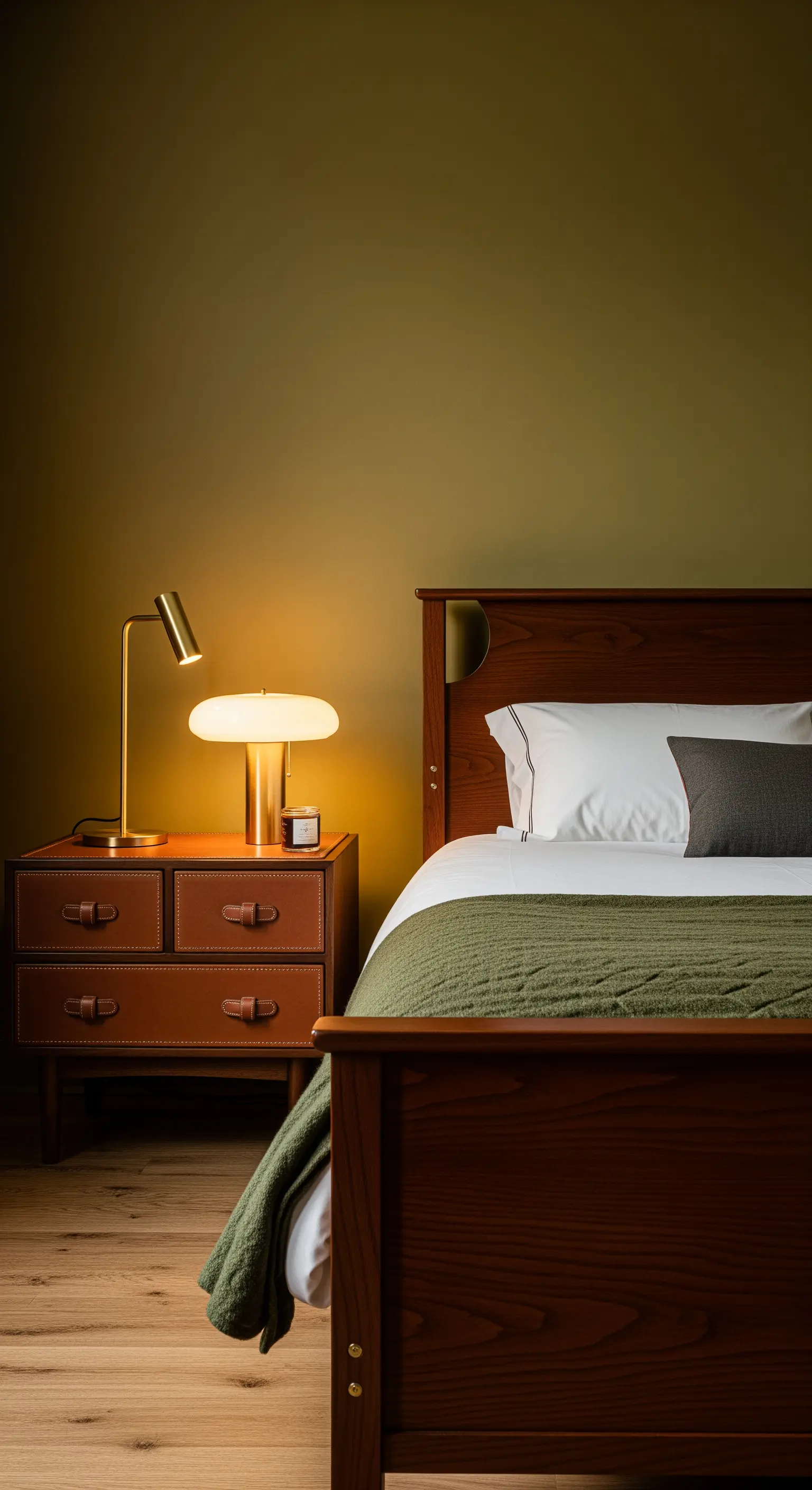Nachttisch im Mid-Century-Stil mit Ledergriffen neben einem Holzbett mit grüner Decke.