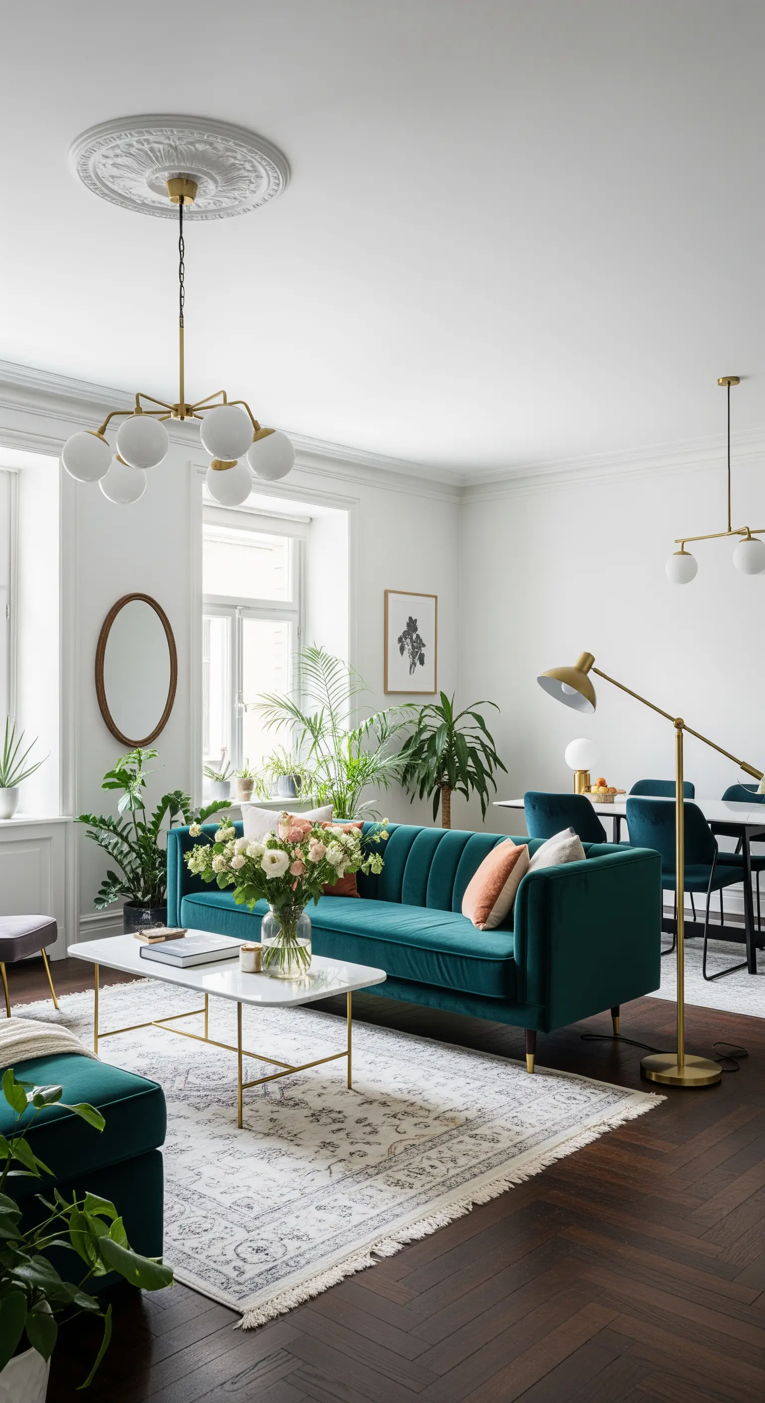 Elegantes Wohnzimmer, das Mid-Century-Möbel mit Boho-Pflanzen und Teppichen kombiniert.