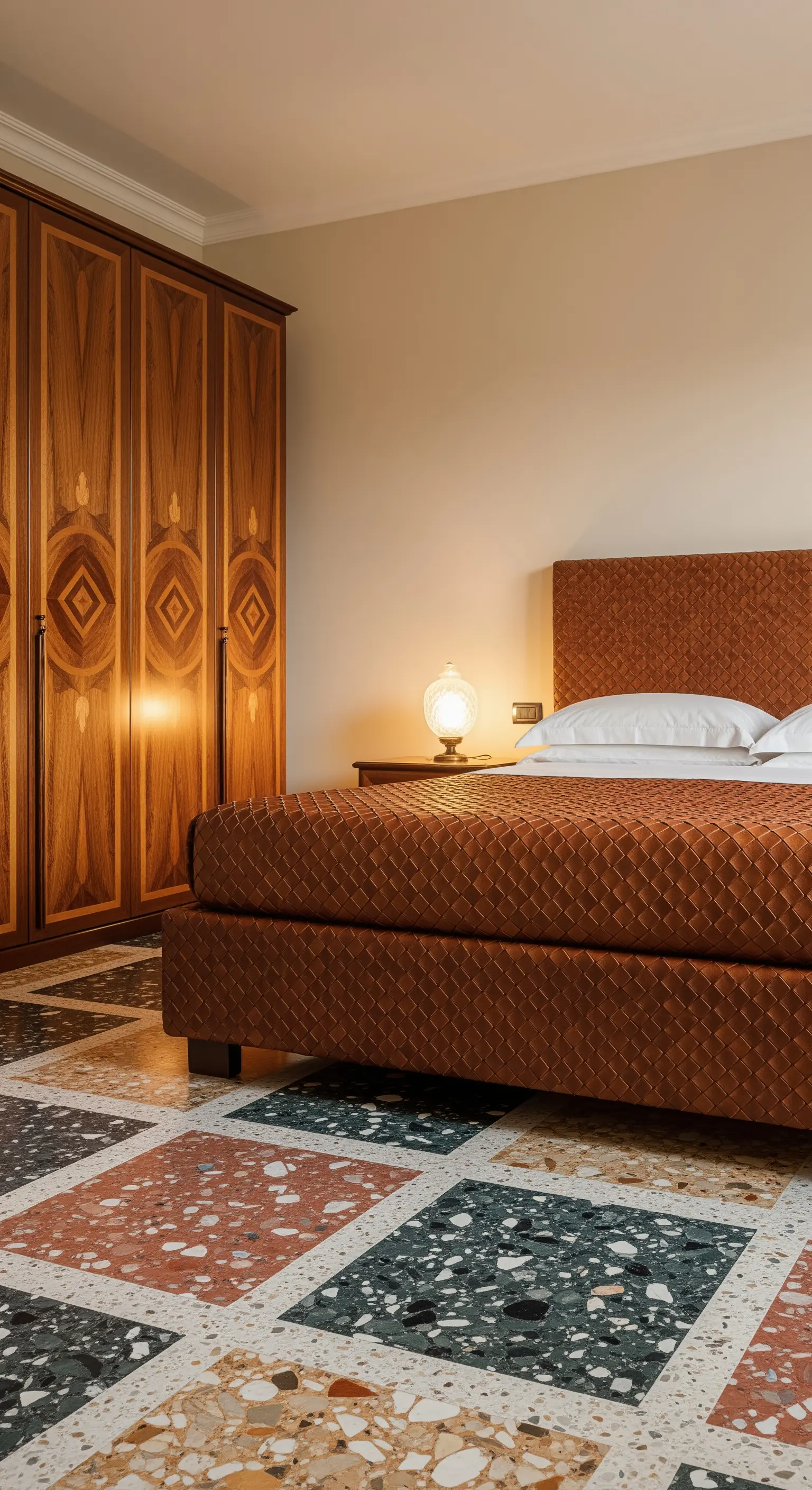 Schlafzimmer im Mid-Century-Stil mit Terrazzoboden und geflochtenem Leder-Kopfteil.