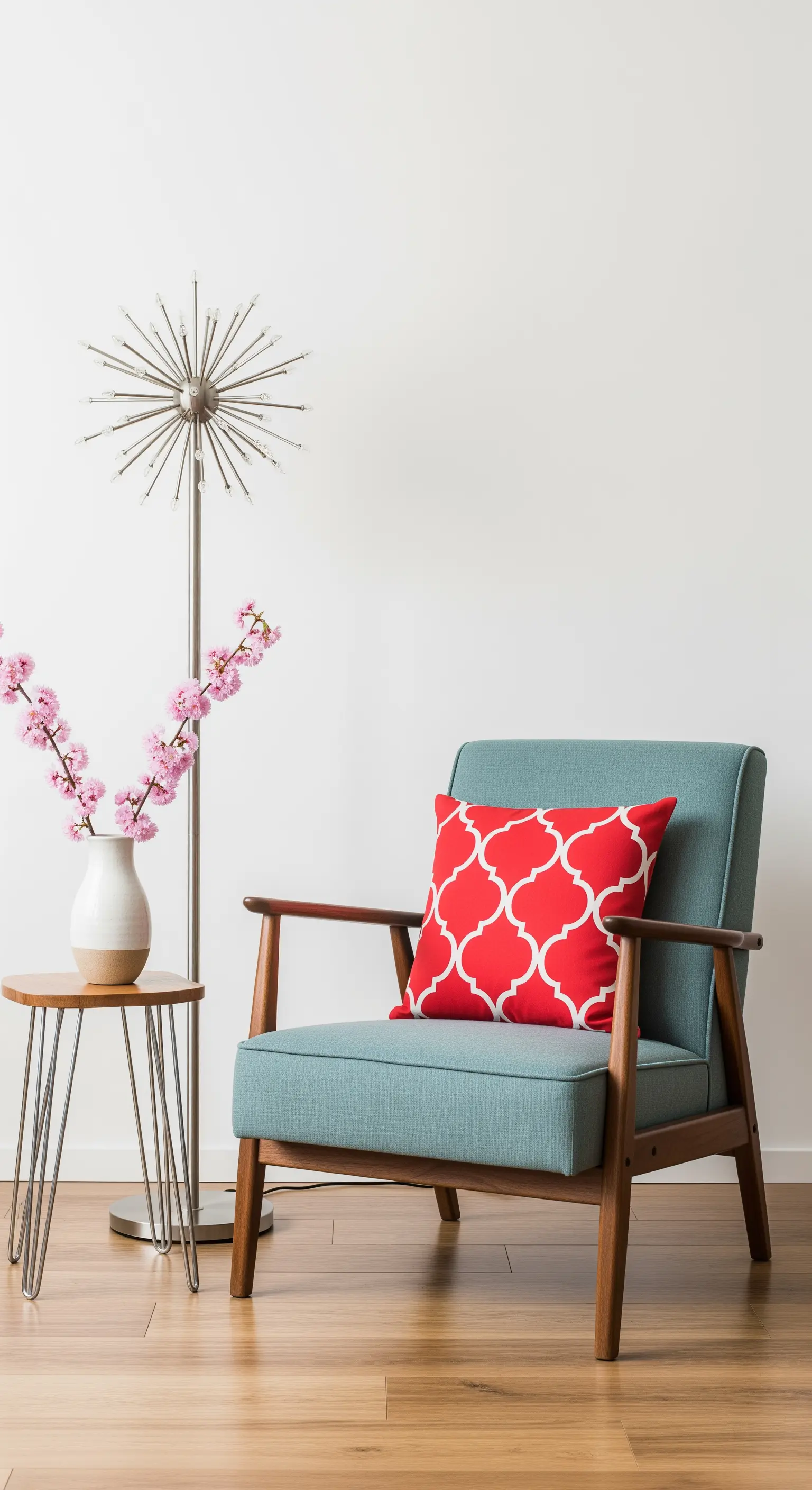 Sessel im Mid-Century-Stil mit einem roten, gemusterten Kissen und einer modernen Lampe.