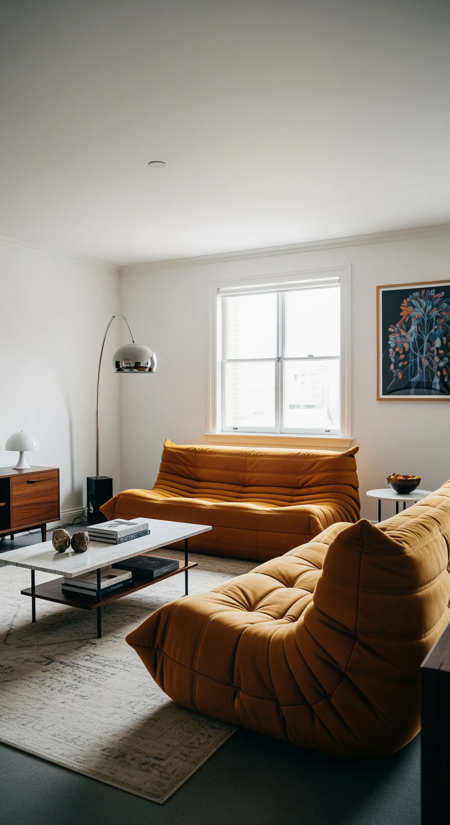 Wohnzimmer im Mid-Century-Stil mit einem senfgelben Togo-Sofa und einer Bogenlampe.