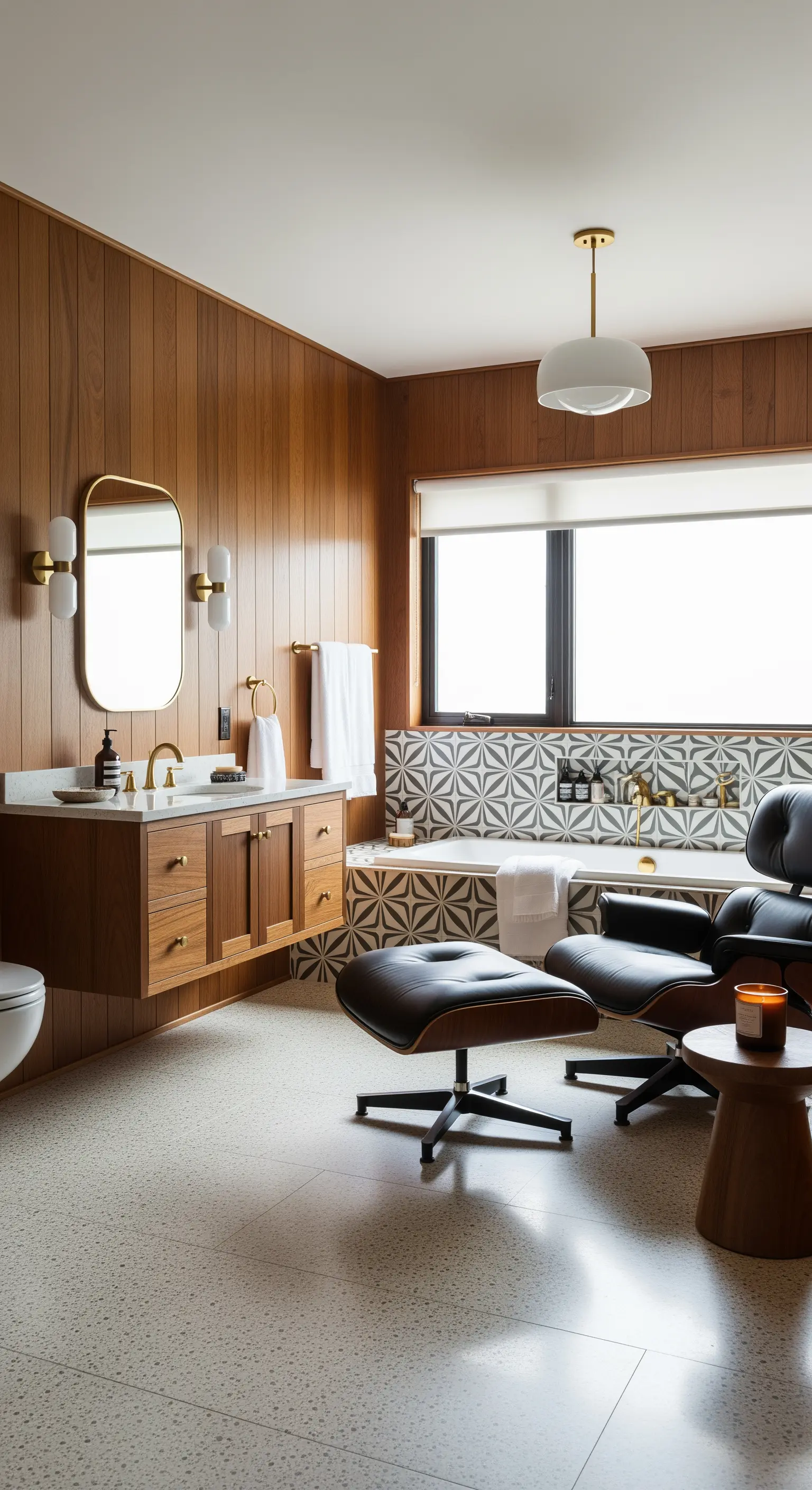 Badezimmer im Mid-Century-Stil mit Holzverkleidung und einem Eames Lounge Chair.