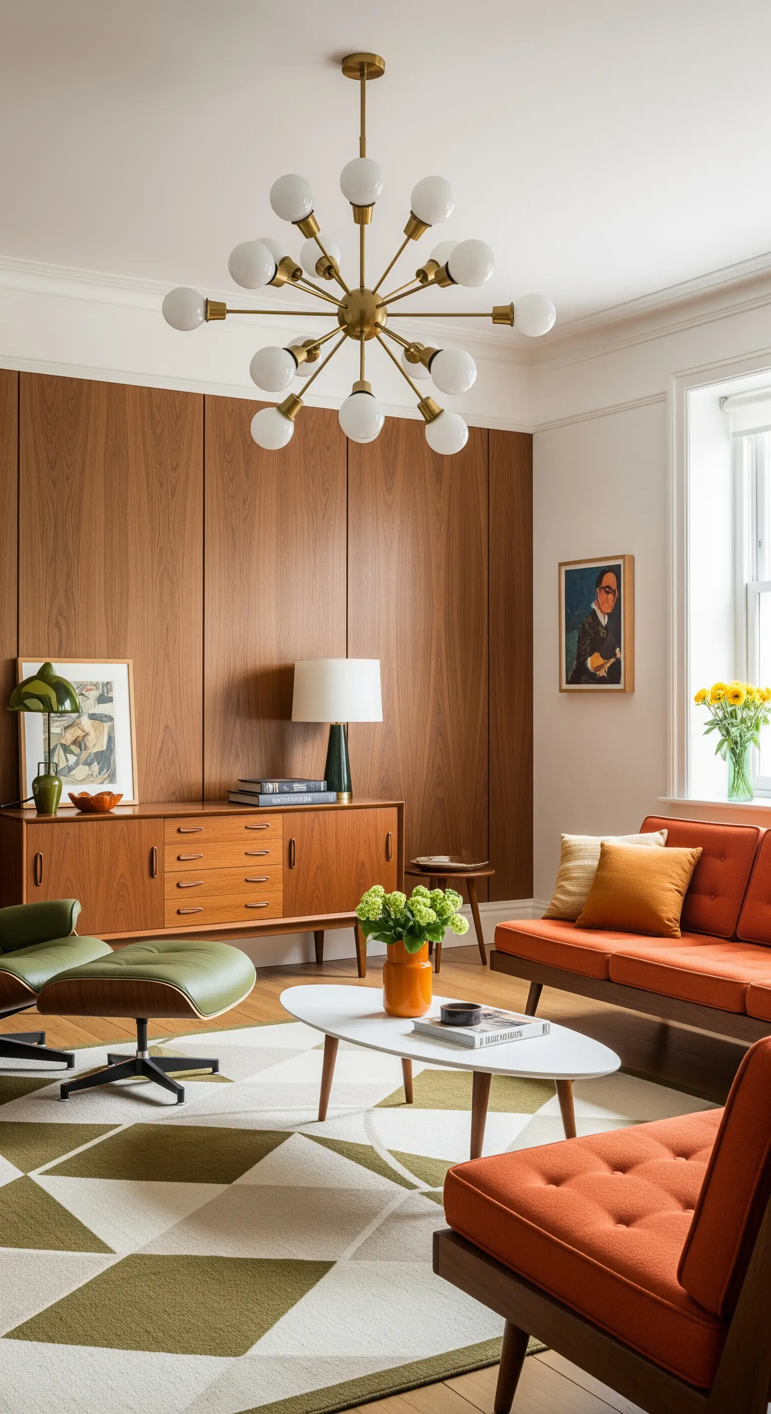 Sputnik-Kronleuchter aus Messing in einem Mid-Century-Wohnzimmer mit Holzvertäfelung.