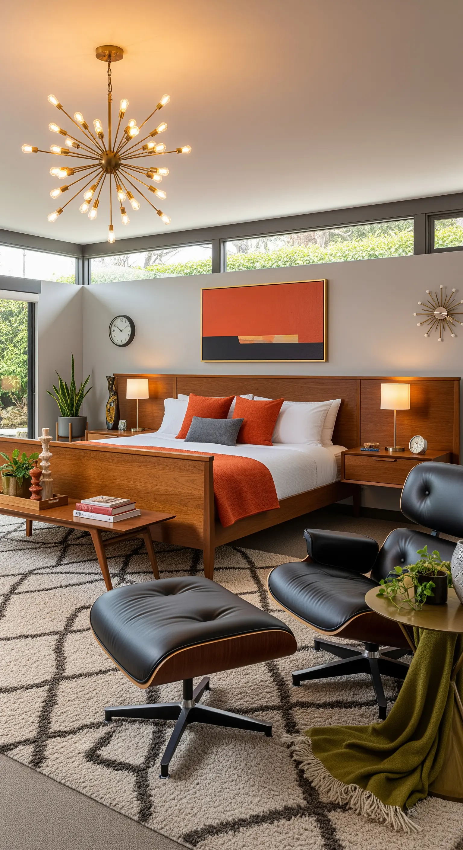Schlafzimmer im Mid-Century-Stil mit einem Eames Lounge Chair und einem Sputnik-Kronleuchter.