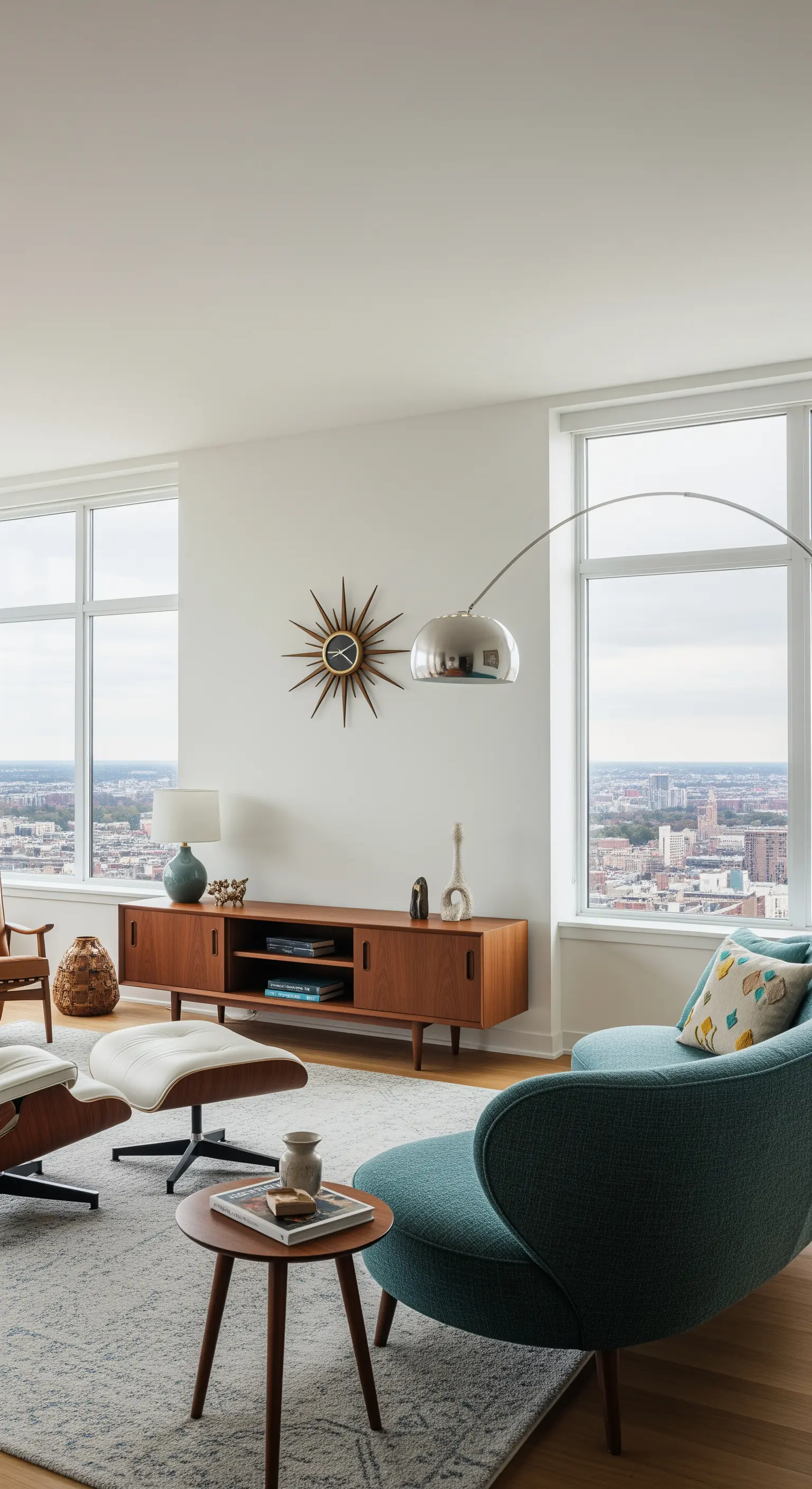 Wohnzimmer im Mid-Century-Stil mit Holz-Sideboard und Designer-Sesseln