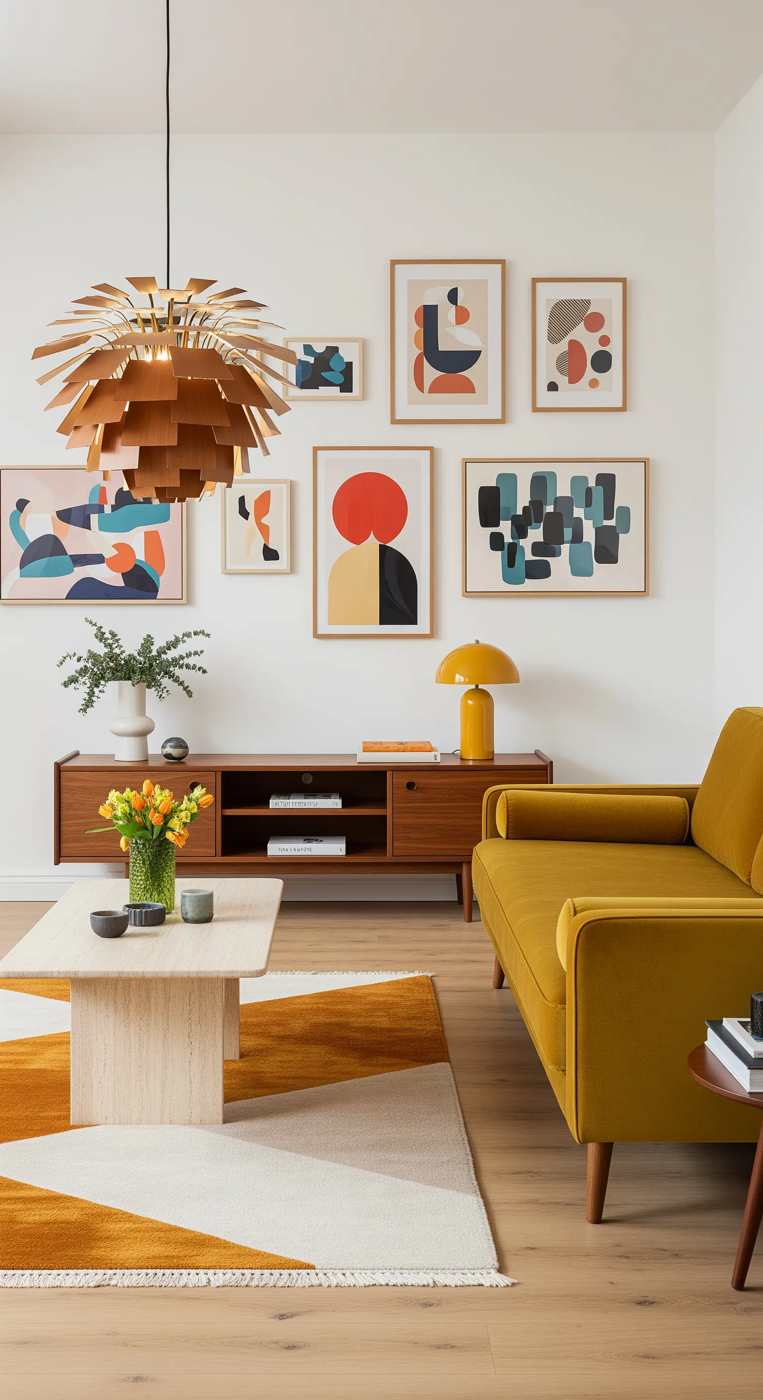 Senfgelbes Samtsofa im Mid-Century-Stil mit einer Galerie-Wand und Holzelementen.