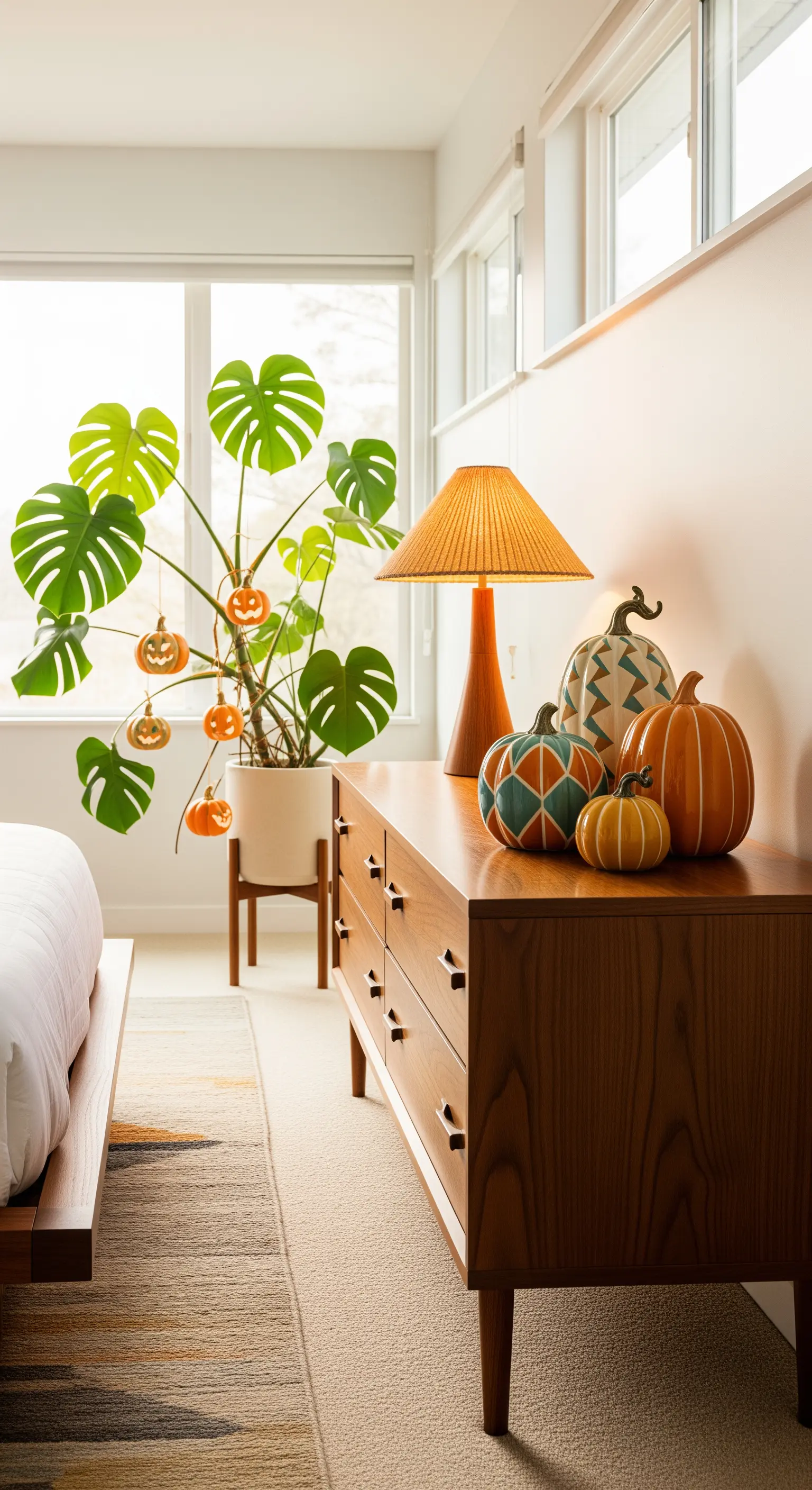 Mid-Century Kommode mit gemusterten Kürbissen und Monstera-Pflanze mit Deko