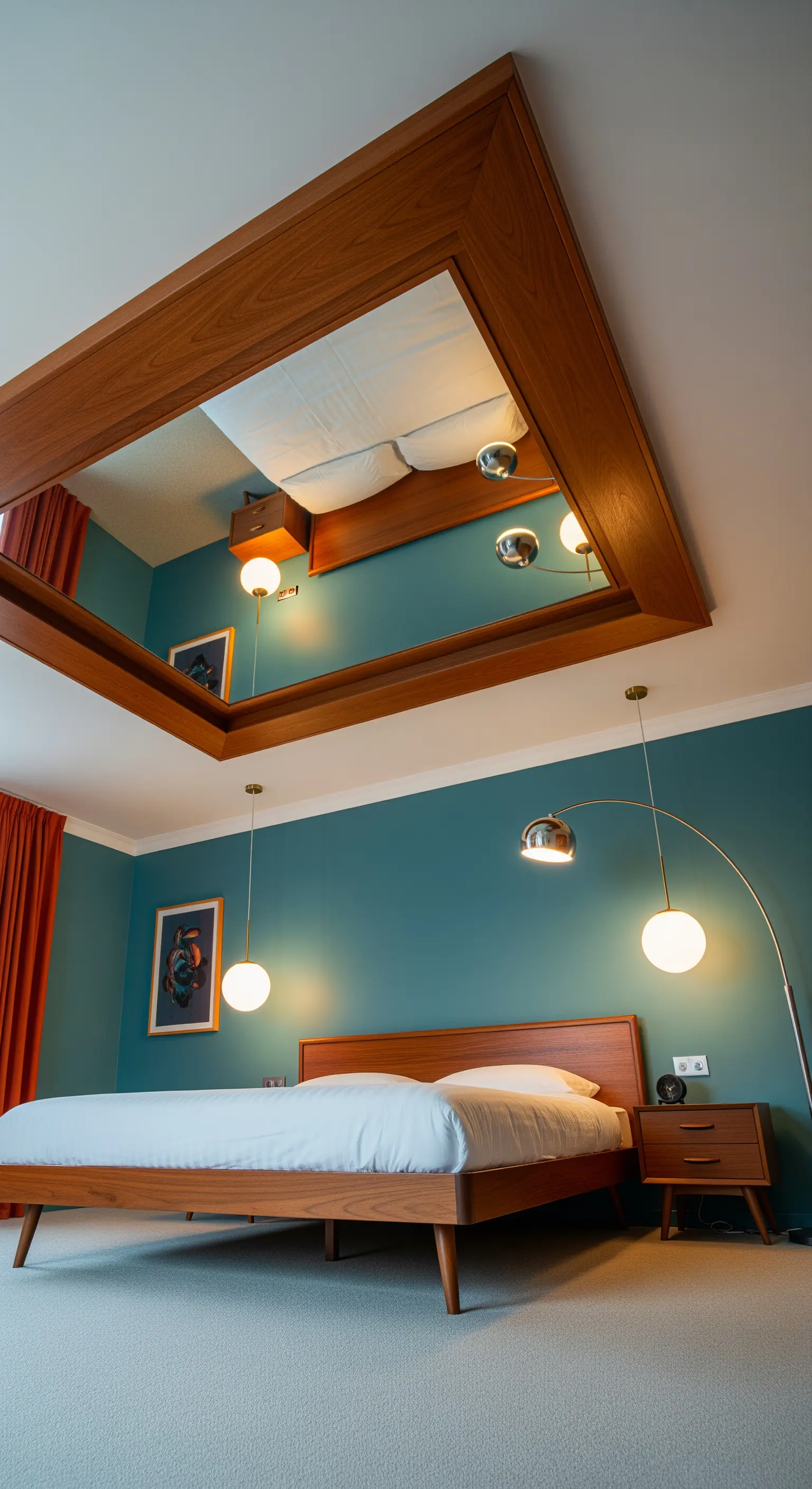 Schlafzimmer im Mid-Century-Stil mit Holzmöbeln und einem holzgerahmten Deckenspiegel.